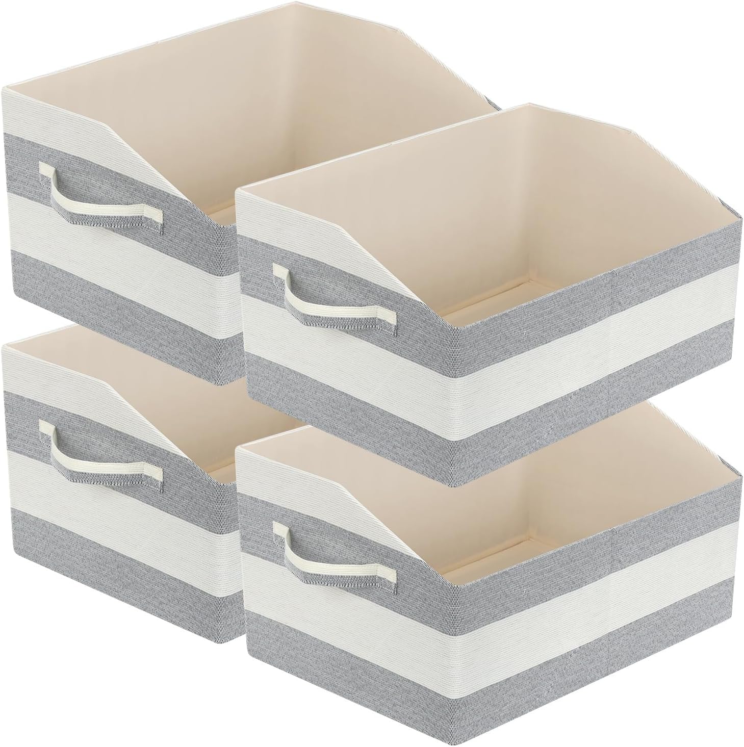 Linen Closet Organizers and Storage, Trapezoid Fabric Bins, Home Office Organization Baskets Striped Collapsible Box with Handles for Clothes, Blanket, Books, DVD, 4 Pack, Gray/White