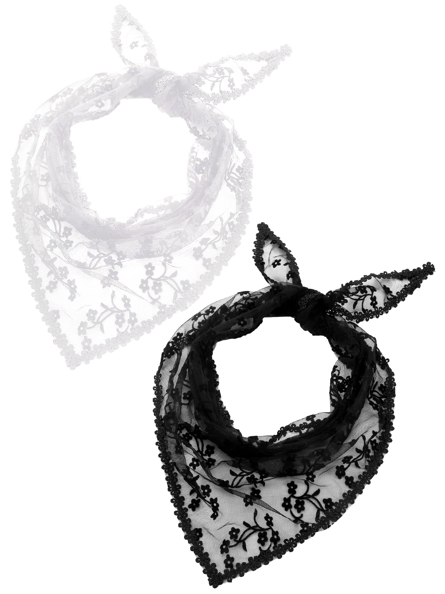 2 Pieces 1950s Retro Lace Scarf Triangle Neck Scarf Embroidered Lace Wrap Hair Wrap for Women