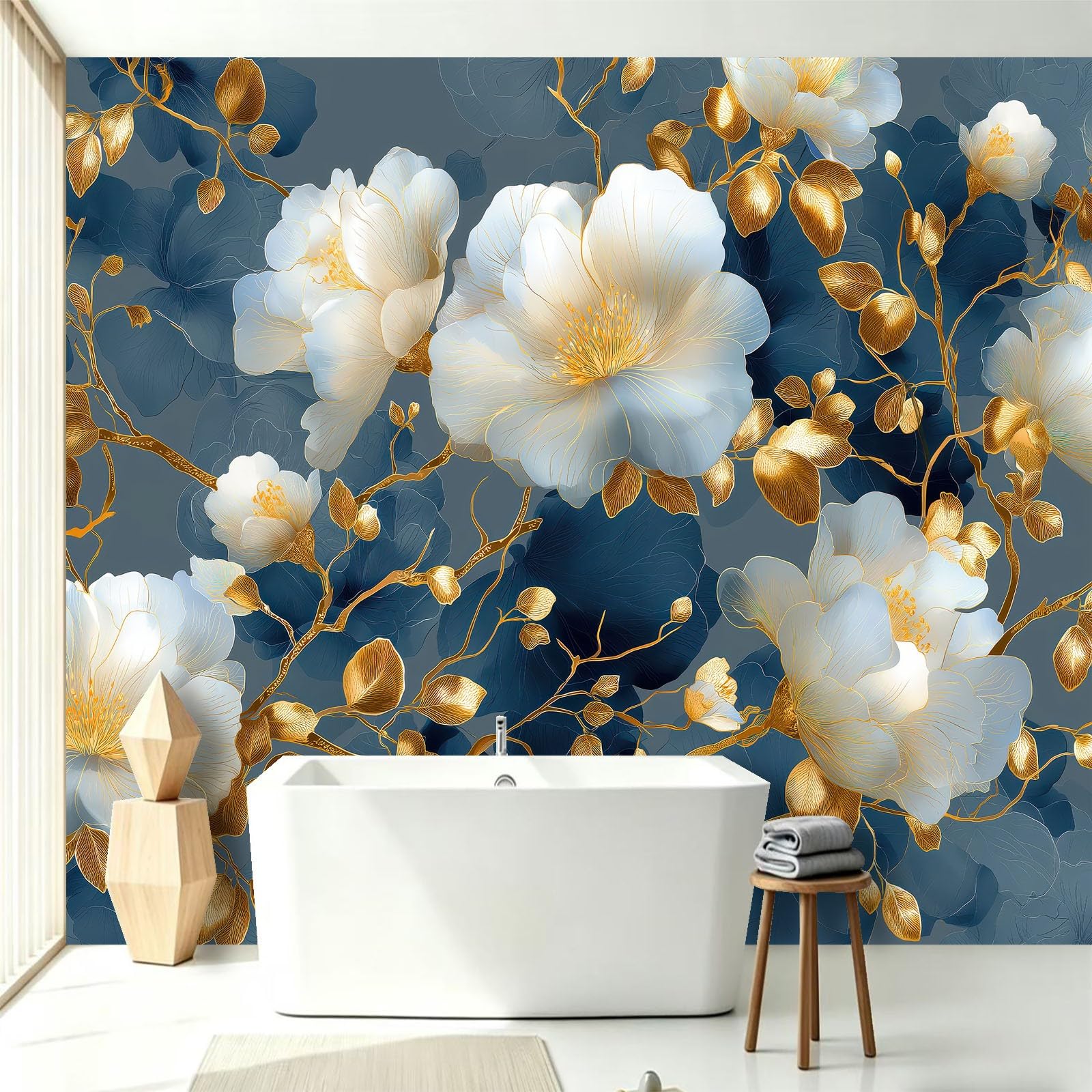 Tapeta 3D - Piwonia Kwiaty Złote Liście 300x210cm Panoramiczna tapeta ścienna na ścianę za telewizorem Salon Łazienka i sypialnia Kuchnia Dekoracja ścienna - orientalna elegancka