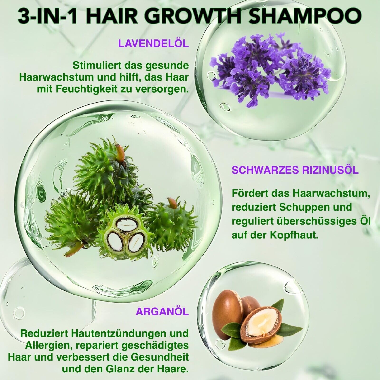 P-BEAUTY szampon na wzrost włosów 3 w 1, 3 x 300 ml, z olejkiem z czarnuszki, lawendą i olejkiem arganowym, do pielęgnacji skóry głowy, wspomaga gęste i błyszczące włosy, wegański