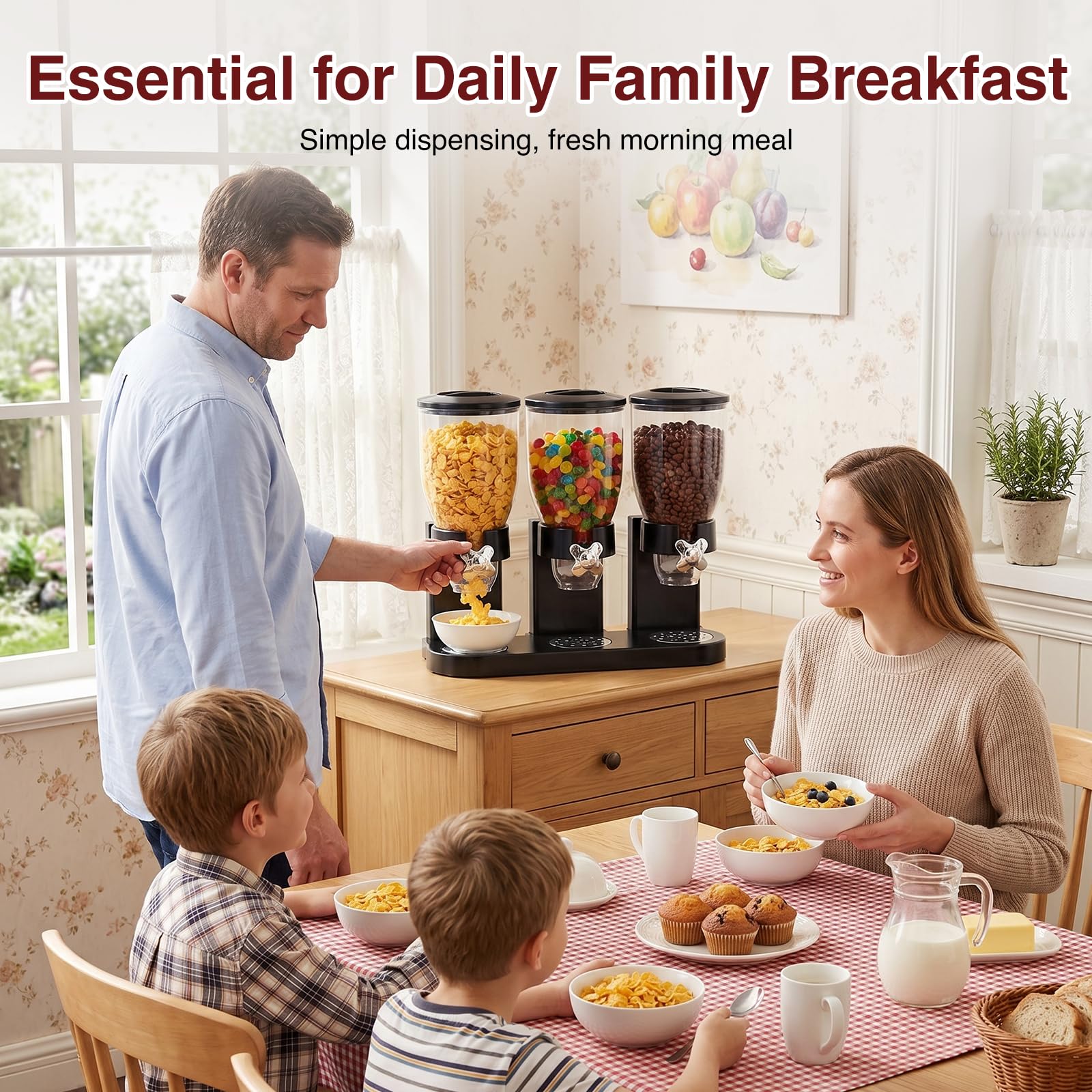 Cereal Dispenser Countertop 2L, Dreifacher Müslispender, Luftdichte Vorratsdosen mit Drehverschluss, Transparente Trockenkost-Spender Behälter für Müsli, Reis, Süßigkeiten, Kaffebohnen, Schwarz