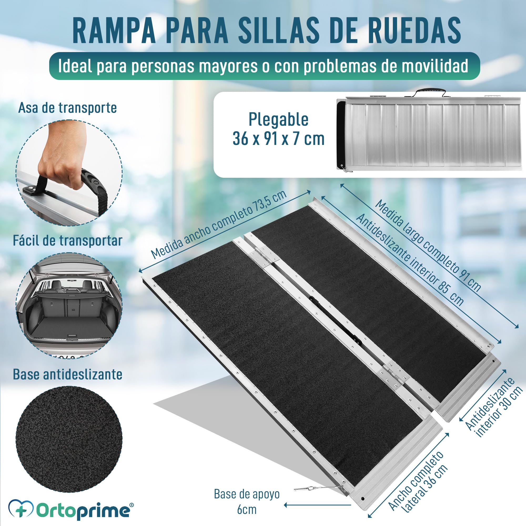OrtoPrime Rampa para Silla de Ruedas Plegable y PORTÁTIL Rampa Silla de Ruedas Salvaescaleras Portátil - Rampa Plegable Carga Silla de Ruedas - rampa Minusválidos Seguridad - Rampa Salva Escalones