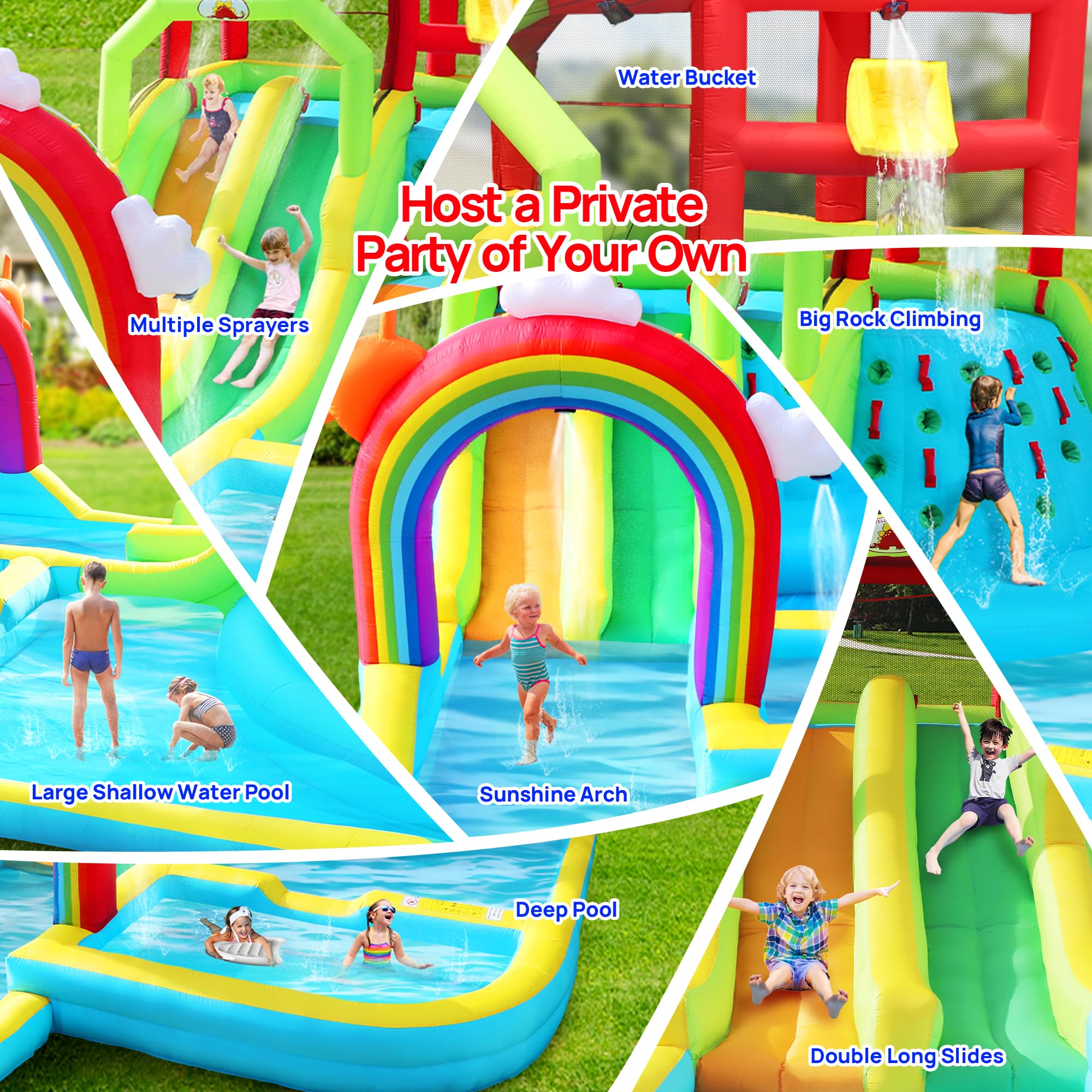 WELLFUNTIME - Parque inflable de doble toboganes con soplador, castillo hinchable con cortina de agua arcoíris, con tiro y escalada en roca