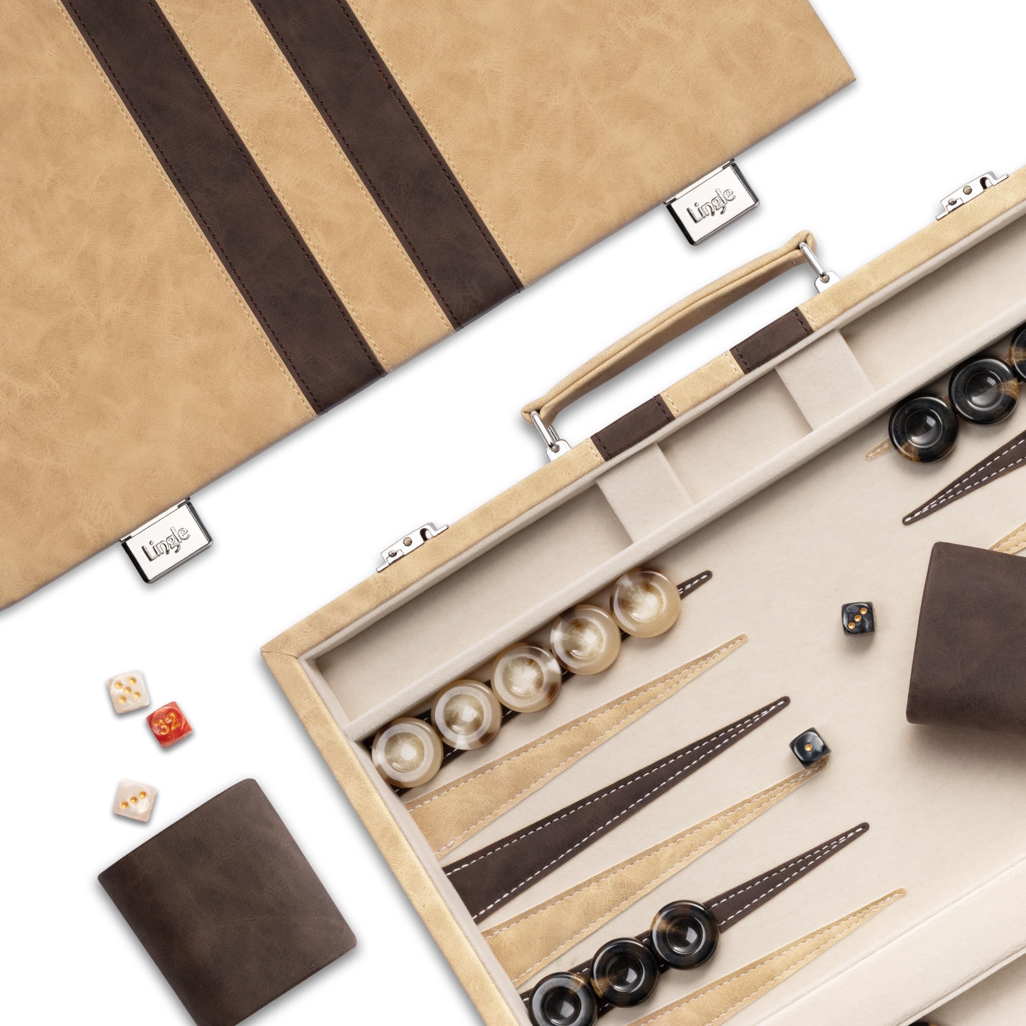 Lingle Backgammon-Sets für Erwachsene, 46cm x 38cm klassisches Brettspiel mit faltbarem Leder-Backgammon-Etui, Kunstleder-Außenseite und Samt-Innenseite, tragbares Reisespiel-Set (Brown)