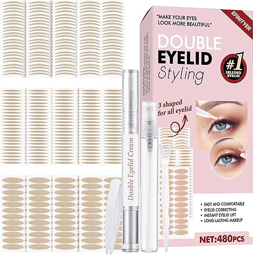 Cinta para párpados, 480 tiras invisibles para levantar párpados con crema de elevación, varillas de tenedor y pinzas, para levantamiento de
