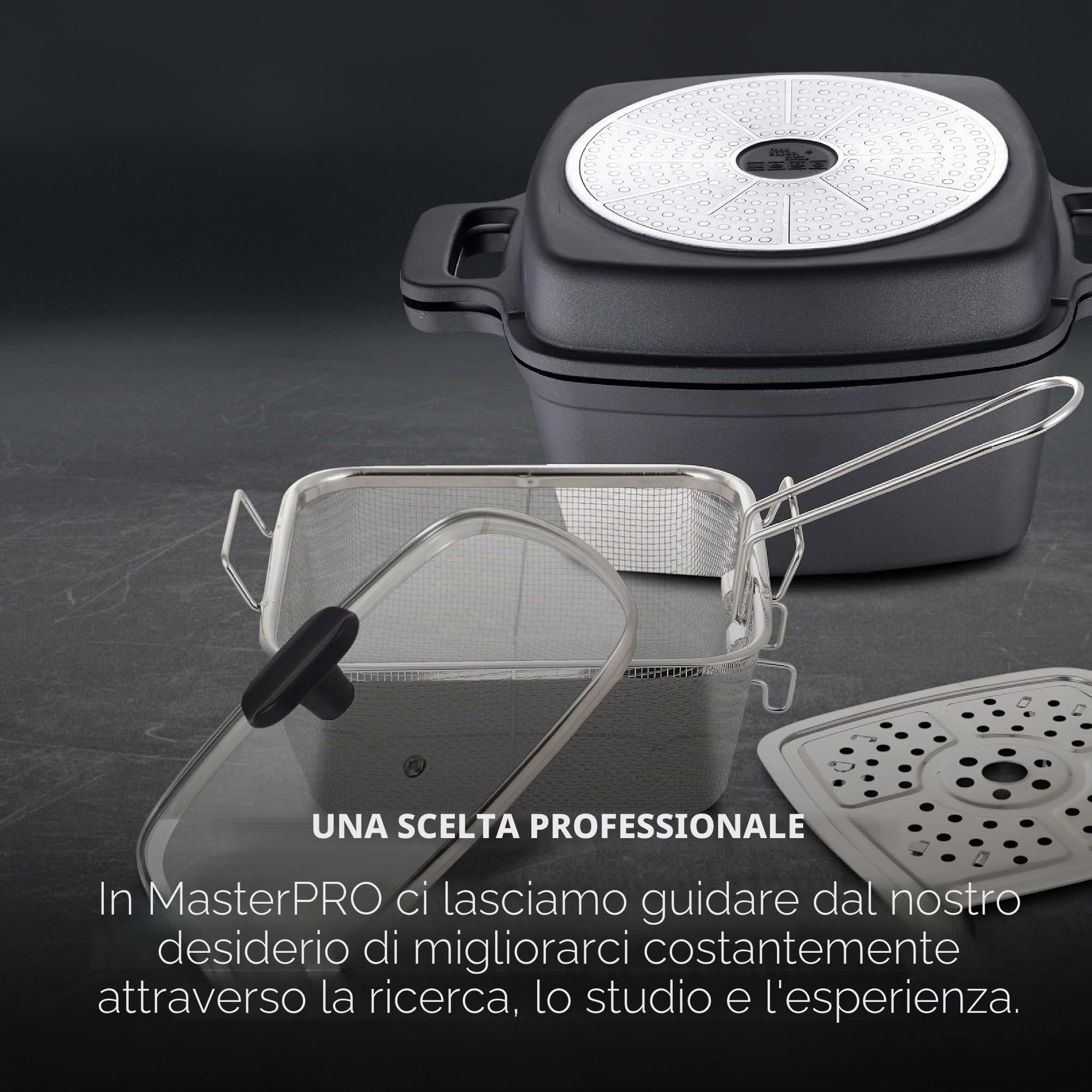 MasterPRO Foodies | Set di pentole 5 pezzi in 1 | Set multifunzione in alluminio pressofuso | Cucinare, grigliare, arrostire e cuocere a vapore | Accessori inclusi | Per tutti i piani cottura