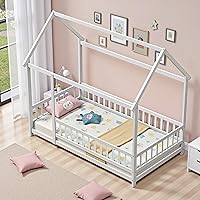 Vista 4 de LLS - Base de cama individual de suelo con valla, cama Montessori de madera, cama de casa para dormitorio de niños y niñas, blanca Blanco