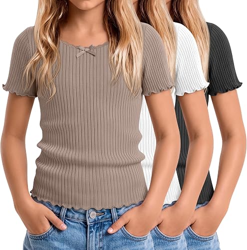 Halfchet 3 Pack Girls Ribbed Short Sleeve Tops, 3-Color, 9-10 Years