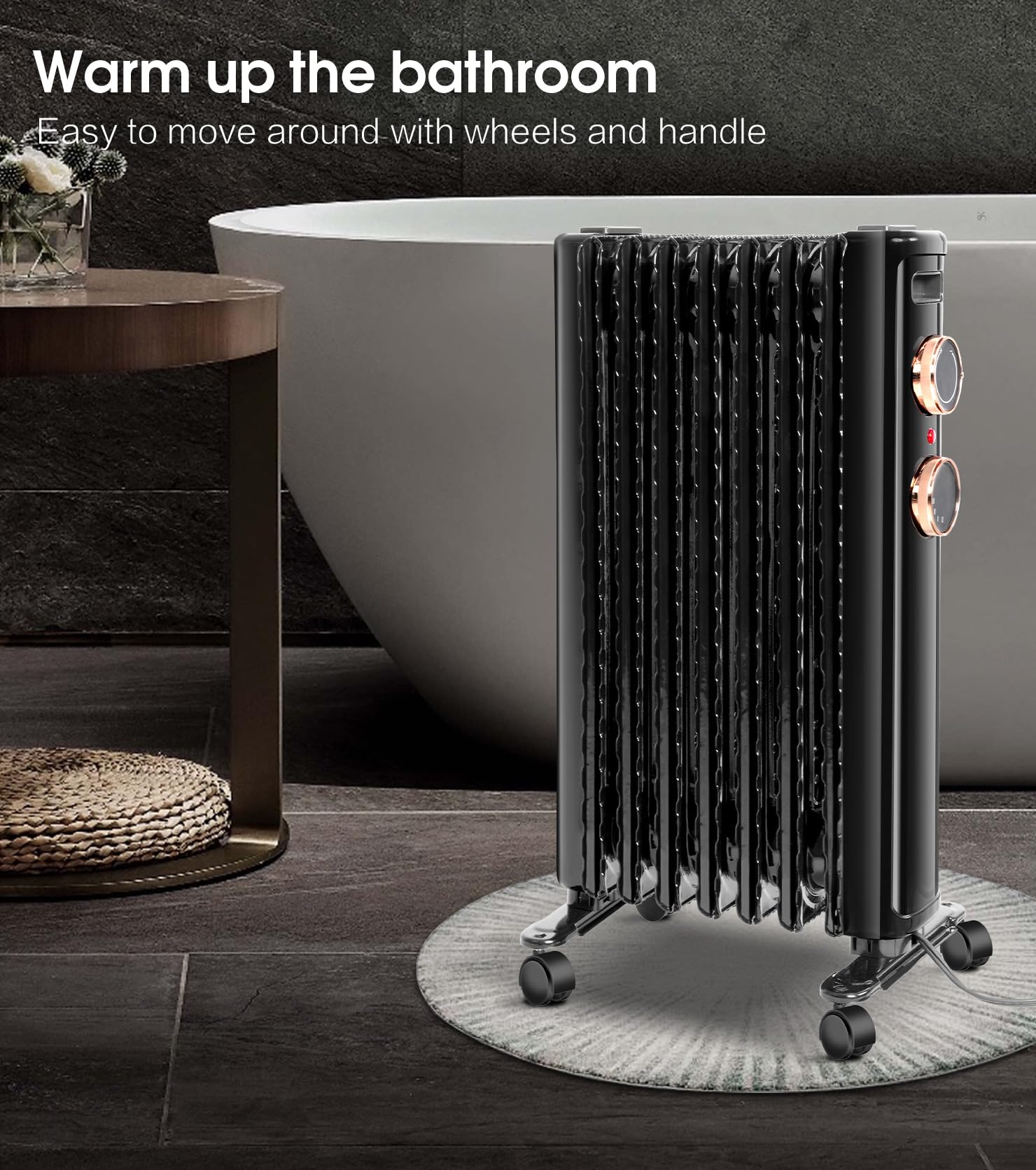 Oil Filled Radiator Heater with 3 Heating Modes, Adjustable Thermostat, Universal Wheels, Portable Heater with overheat protection feature for Bedroom Home Office,Indoor Use, Black