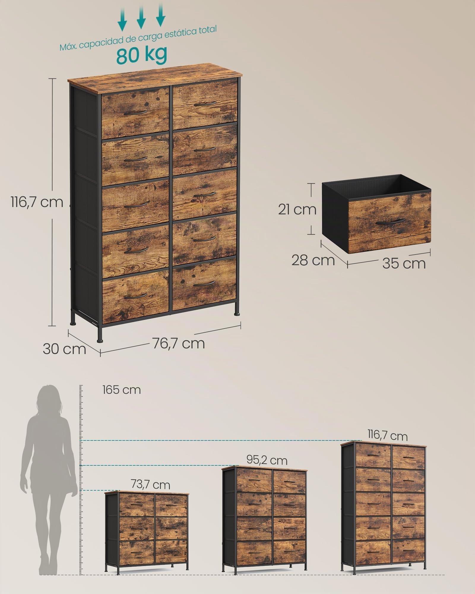 SONGMICS Cómoda, 10 Cajones, Acero | Cómoda para Dormitorio, Armario, Pasillo, Salón, Marrón Rústico y Negro Tinta, Colección BELLAH LGS125BH04