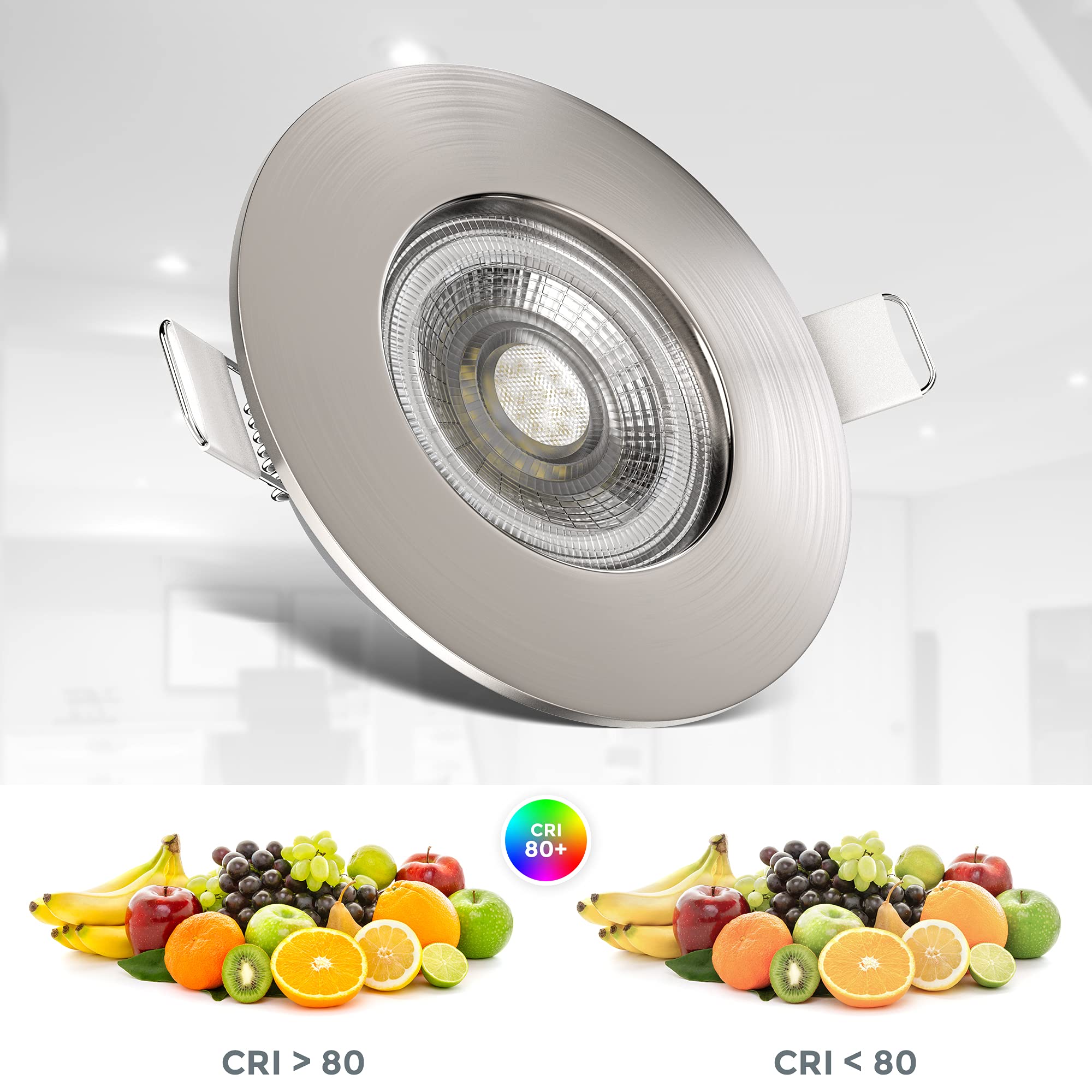 B.K.Licht lot de 6 spots à encastrer spéciales salle de bain IP44 ultraplats 25mm, dimmables, Ø90mm, nickel mat, éclairage plafond encastrable, platines LED 4,9W, 480Lm, blanc chaud 3000K
