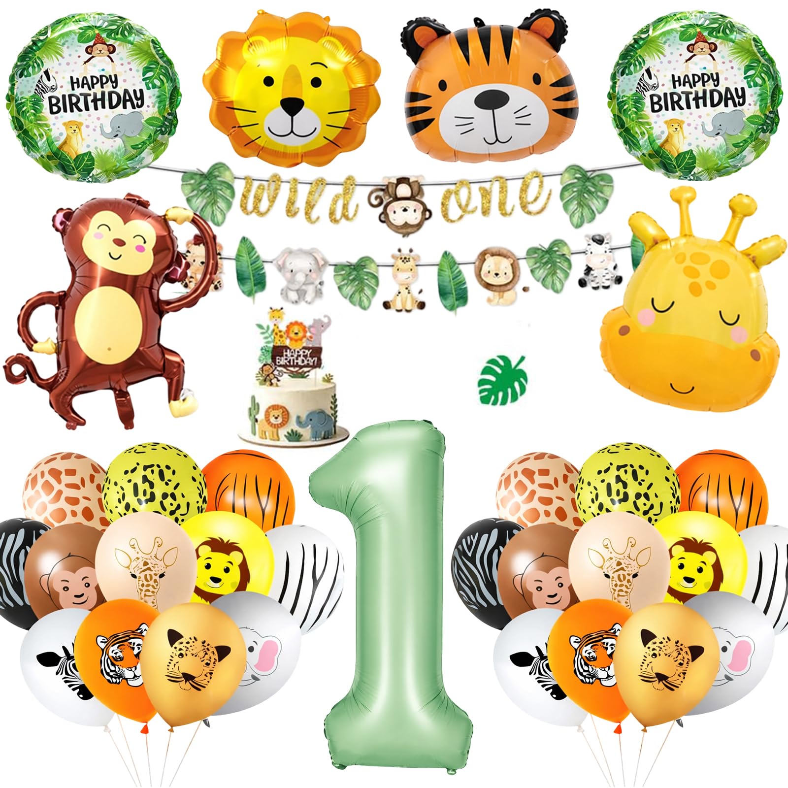Wild One Birthday Decorations, 1st Birthday Decorations, 33 PCS Jungle Theme Party Decorations with Animal Balloons, Large Number 1 Balloon, Wild One Banner, Cake Topper, for Birthday Party Supplies