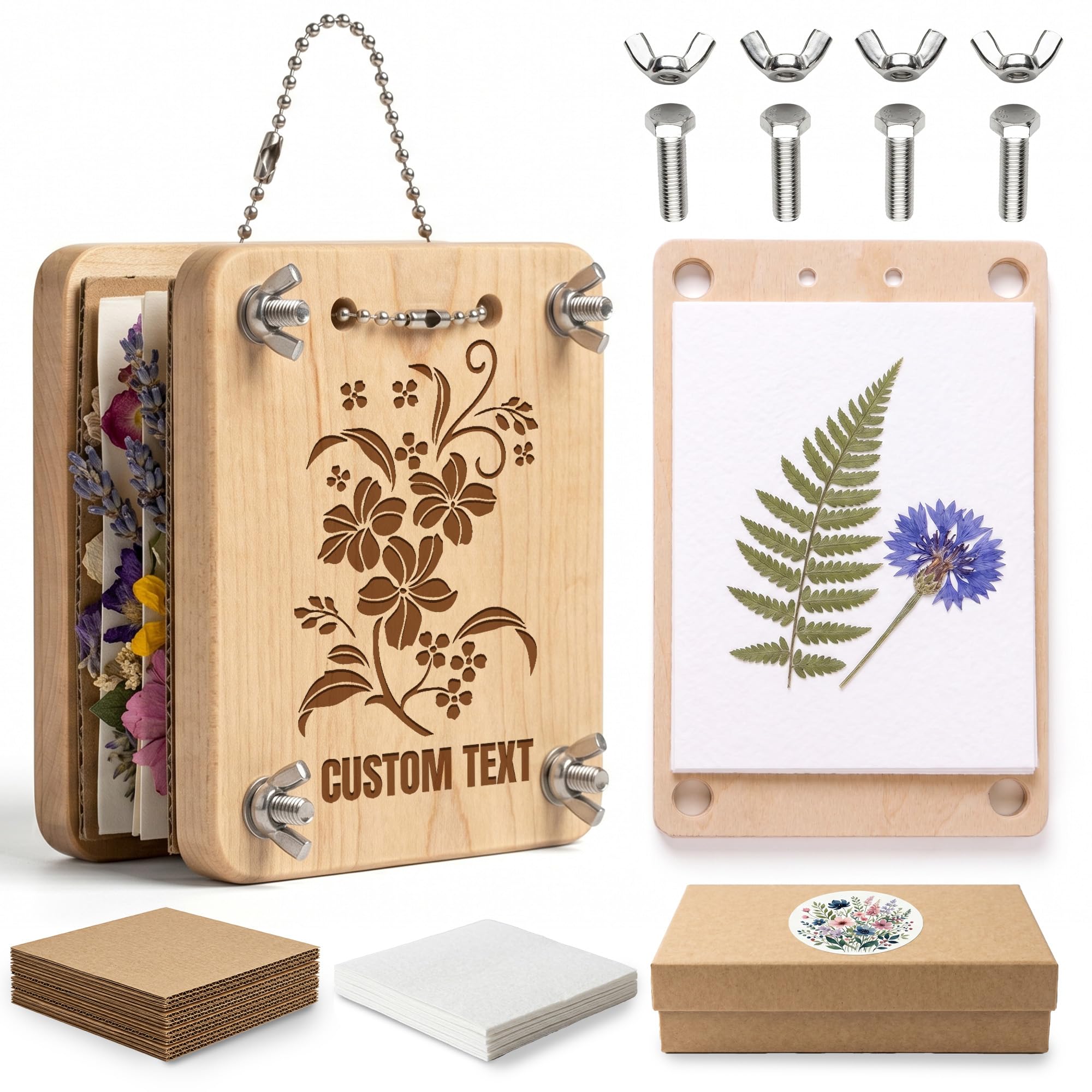 WINSD Custom Wooden Mini Flower Press Kit – Personalized Press Plates for DIY Pressing, Scrapbooking, Greeting Cards, Resin Jewelry, Bookmarks, and Framed Botanical Art