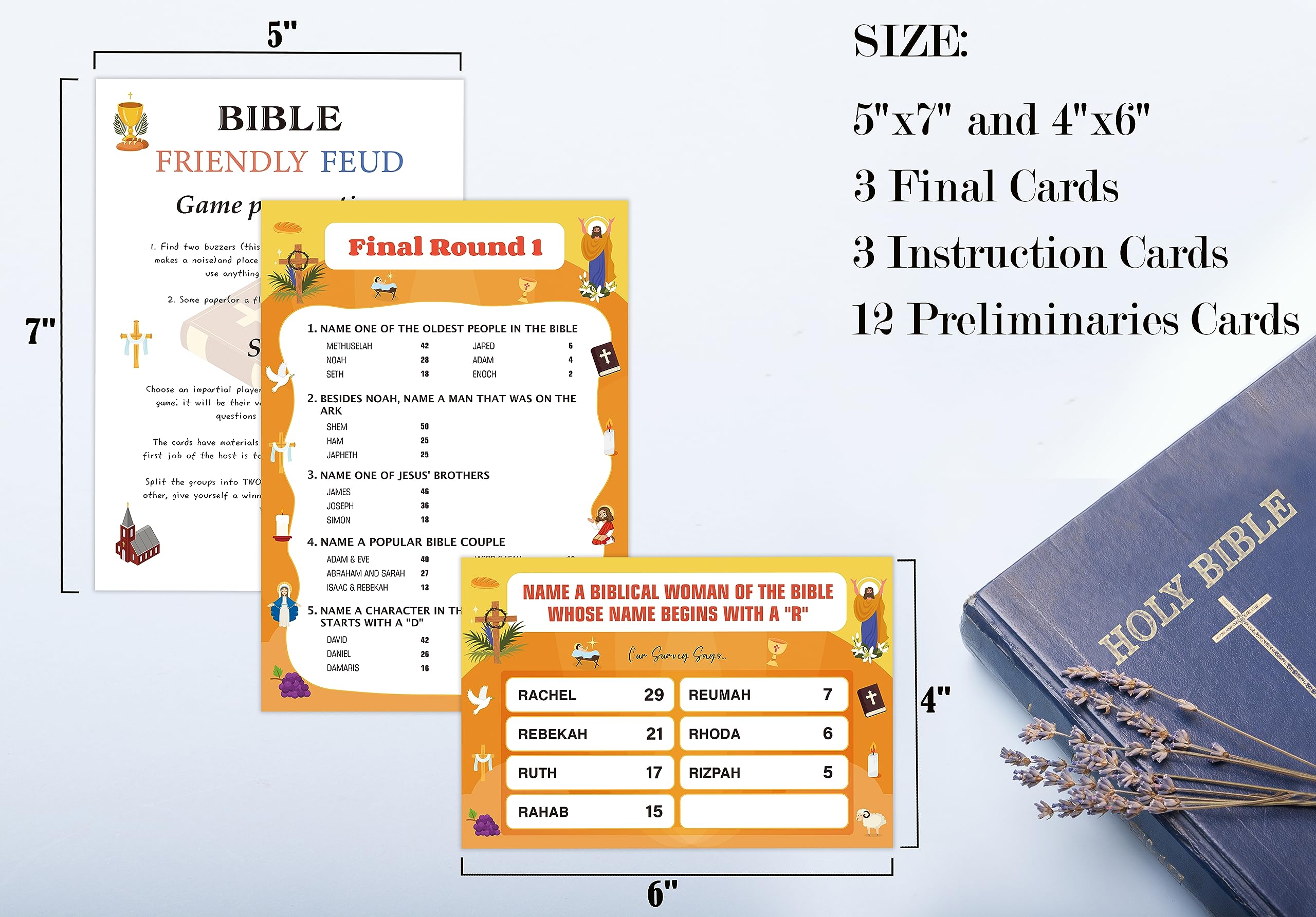 O4 Juegos de la Biblia para adultos y familia – Estudio bíblico, trivia y divertida noche de juegos familiares – 15 tarjetas de juego + 3 tarjetas de instrucciones (idioma español no garantizado)