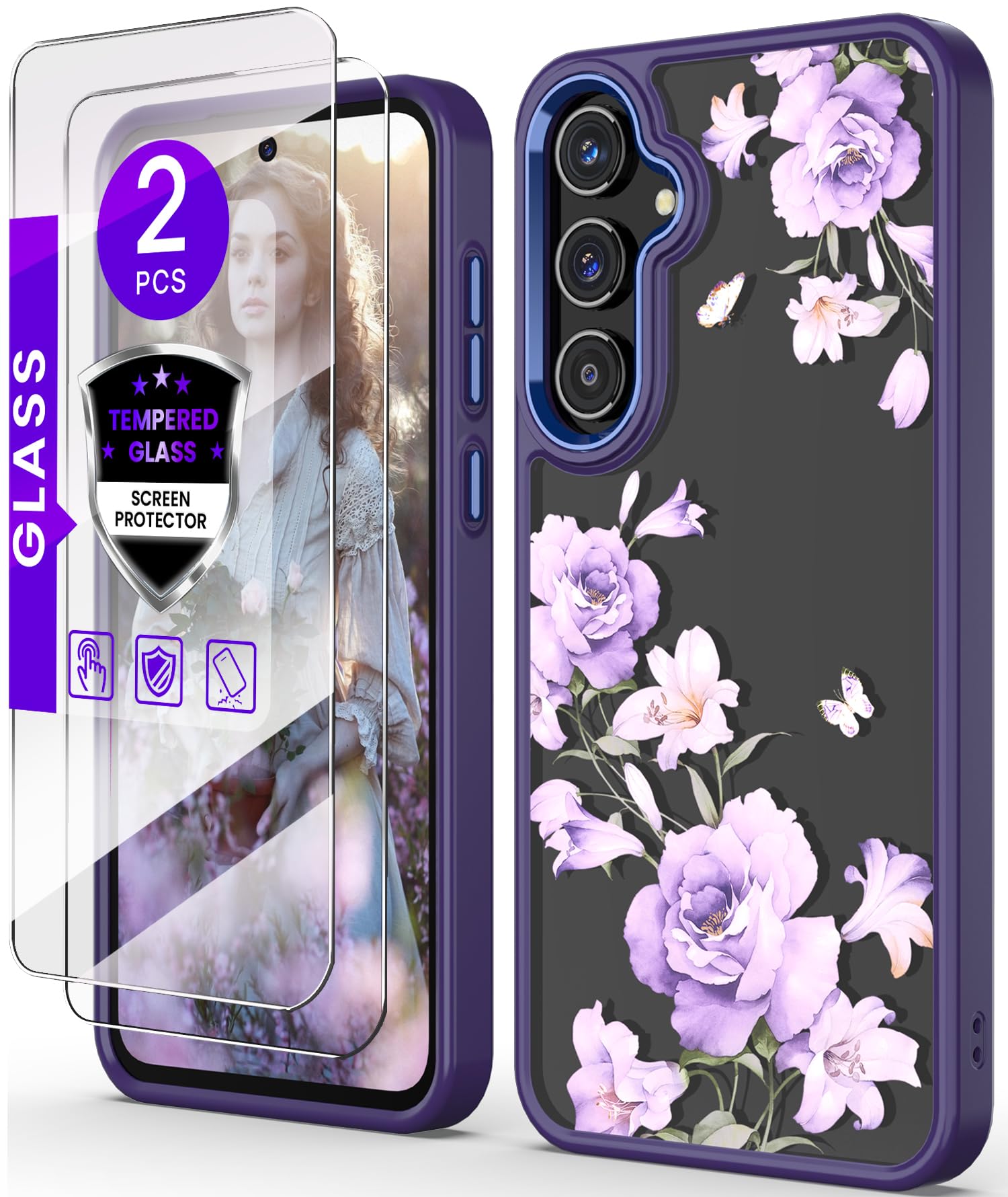 DagoRoo for Samsung Galaxy A35 5G Case+Tempered Glass Screen Protector,Military Grade Protective Slim Soft TPU & Hard PC,Girls Women Crystal Clear Flower Pattern Case Cover for A35 5G-Deep Purple