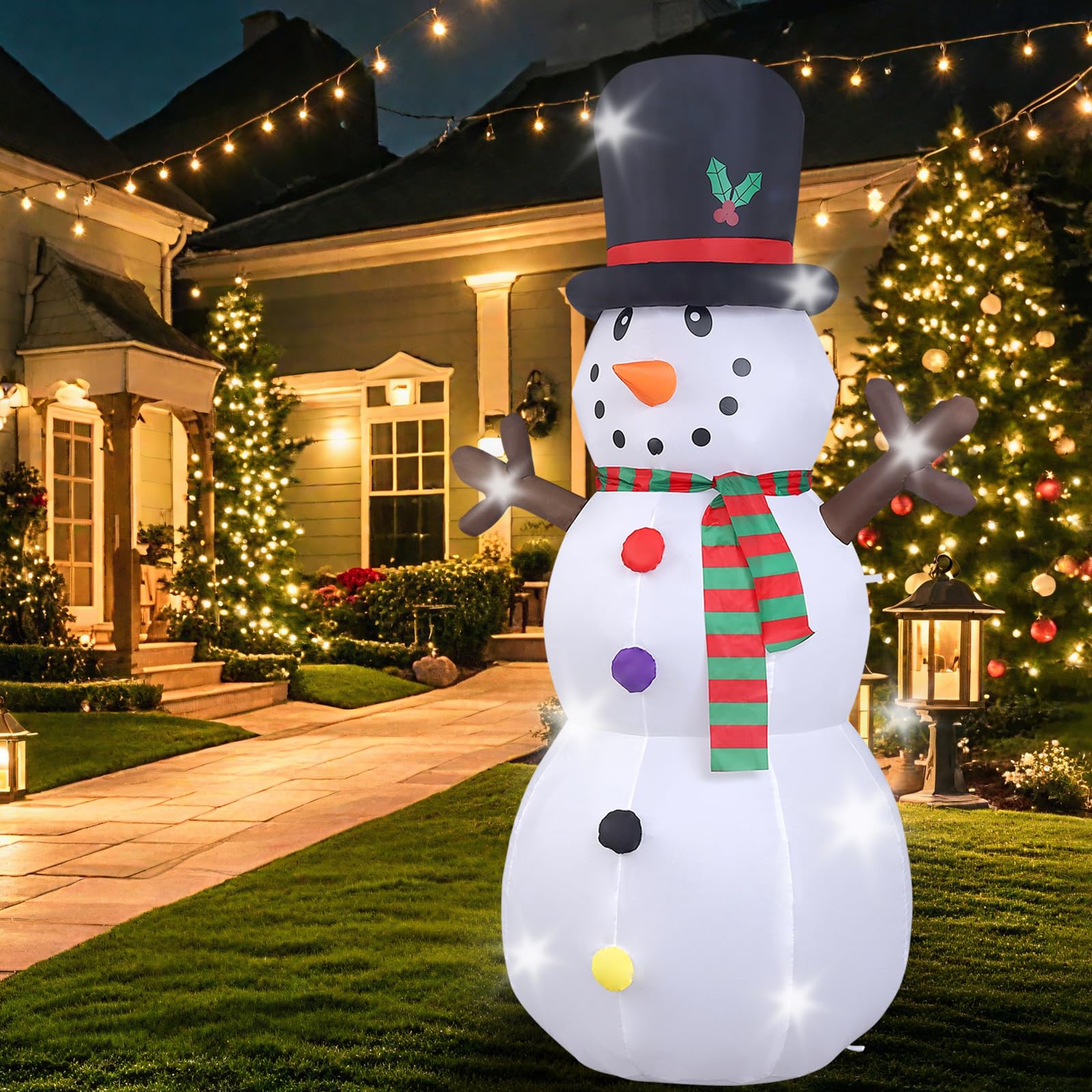 Bonhomme de Neige de Noël Gonflable, 240cm Bonhomme de Neige avec Lumières LED, Décoration de Noël avec des Pieux de Cordes Fixes, Décoration du Modèle pour Jardin Fête Intérieur Extérieur -1250mA/15W