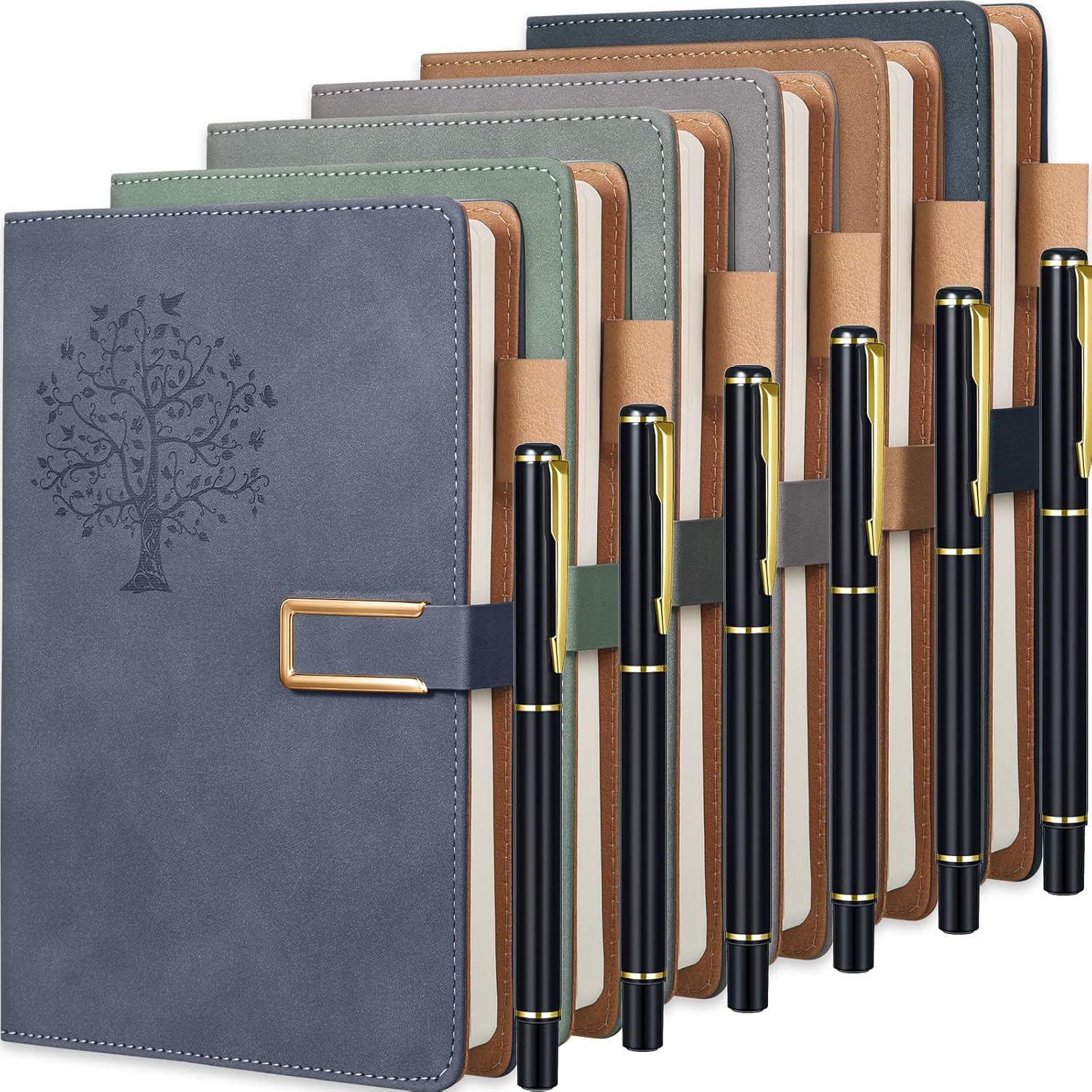 Xinnun 6 Set Tree of Life Refillable Writing Journal for Women Men Christmas Pen and Notebook Gift Set Hardcover Lined Notebooks with Ballpoint Pens for Xmas Employee Coworker Gifts(Dark Color)