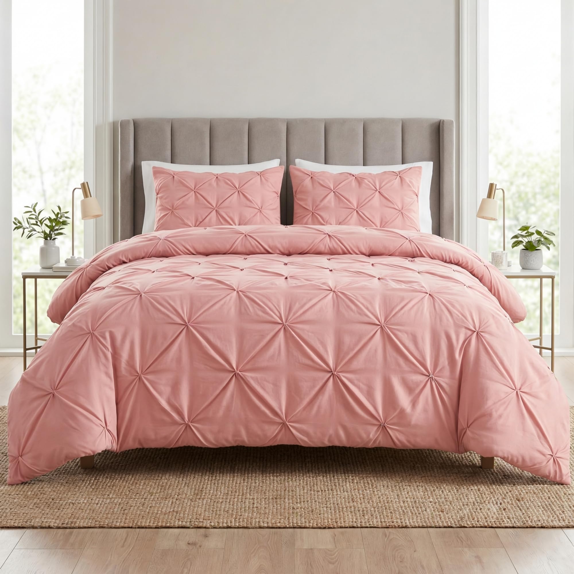 Q & H QUALITY HOUSEHOLD Q&H Pintuck King Duvet Cover Set Pink with Pillow Cases - Soft Brushed Microfiber Quilt Cover - Breathable, Wrinkle Resistant, Easy Care Bedding Set