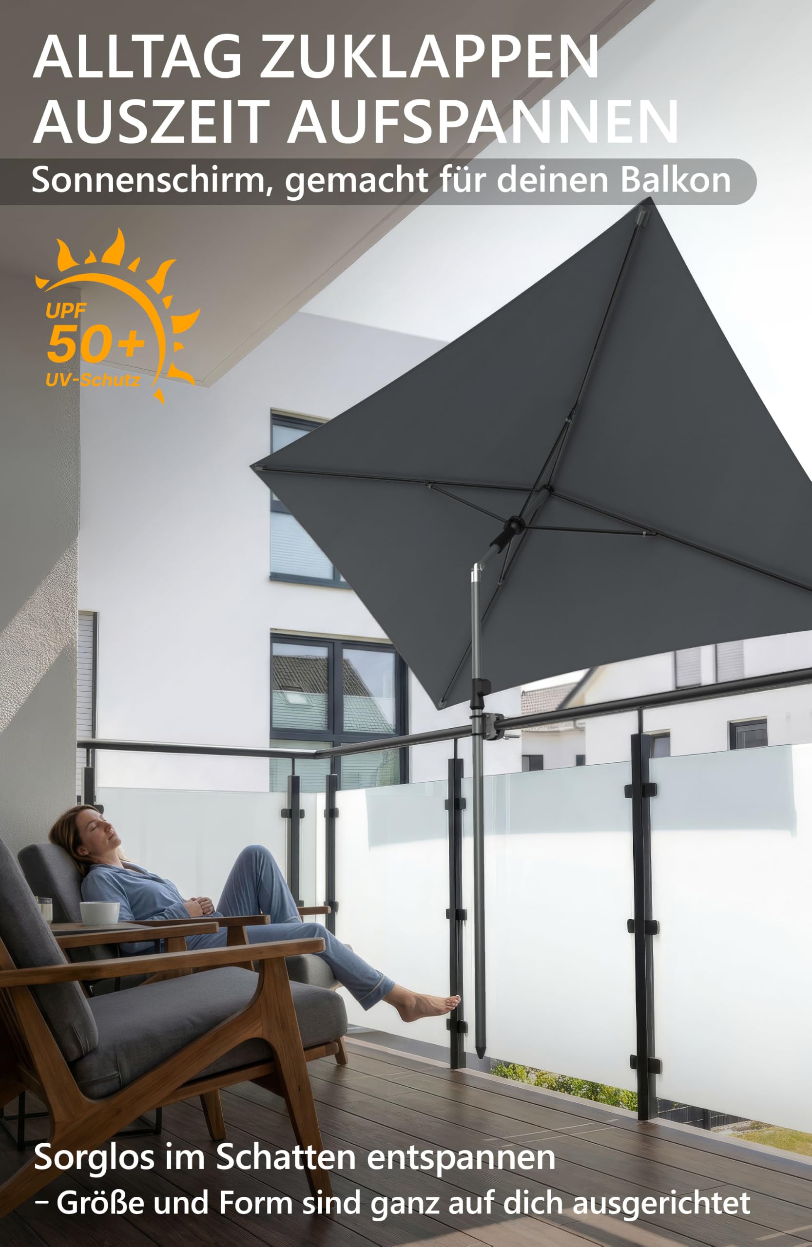 4smile Sonnenschirm Balkon 200 × 125 cm, Sonnenschirm rechteckig mit UPF 50+, 45° knickbar & höhenverstellbar, für Sonnenschutz Balkon mit Sonnenschirmhülle, Balkonschirm in Anthrazit