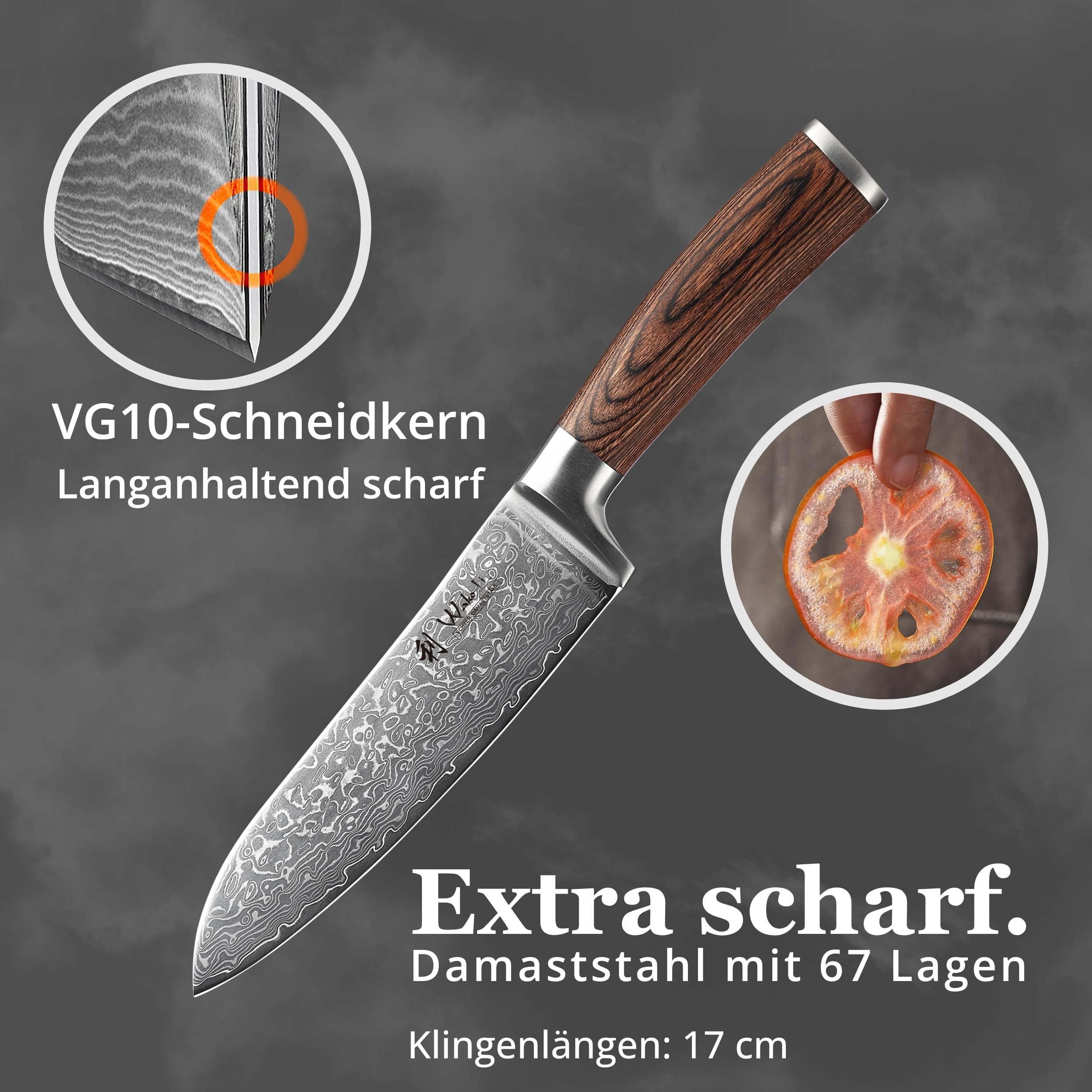 Wakoli EDIB Sakura Santoku Messer 17 cm aus 67 Lagen Damaststahl mit VG10 Kern – Scharfes Damast Kochmesser mit ergonomischem Pakkaholzgriff – Küchenmesser für Fleisch, Fisch & Gemüse in Geschenkbox