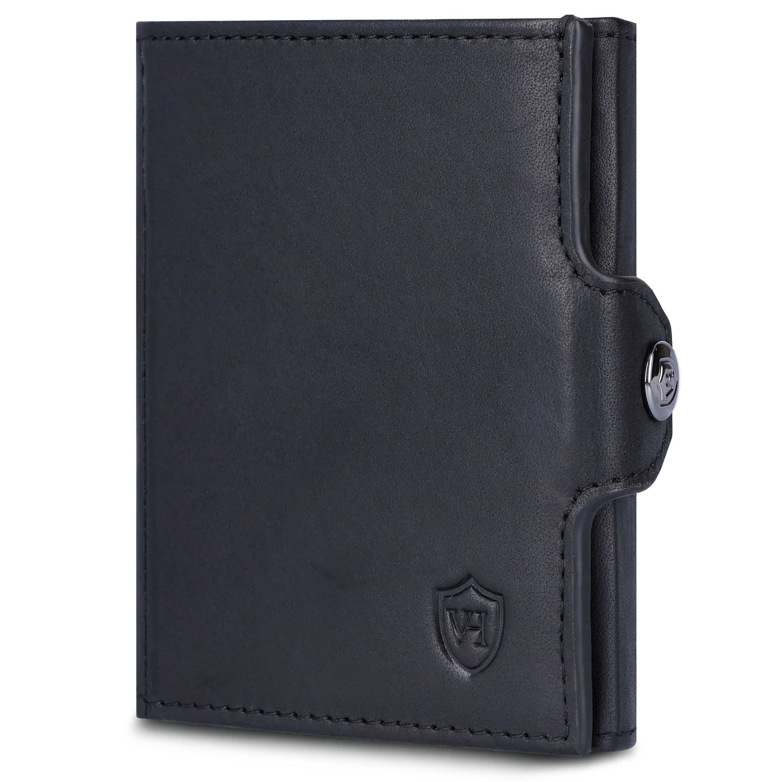 VON HEESEN Slim Wallet mit Münzfach & RFID-Schutz - Mini Geldbörse Herren & Damen - Kartenetui Kreditkartenetui - Portmonee Geldbeutel Portemonnaie klein (Schwarz Waxy)