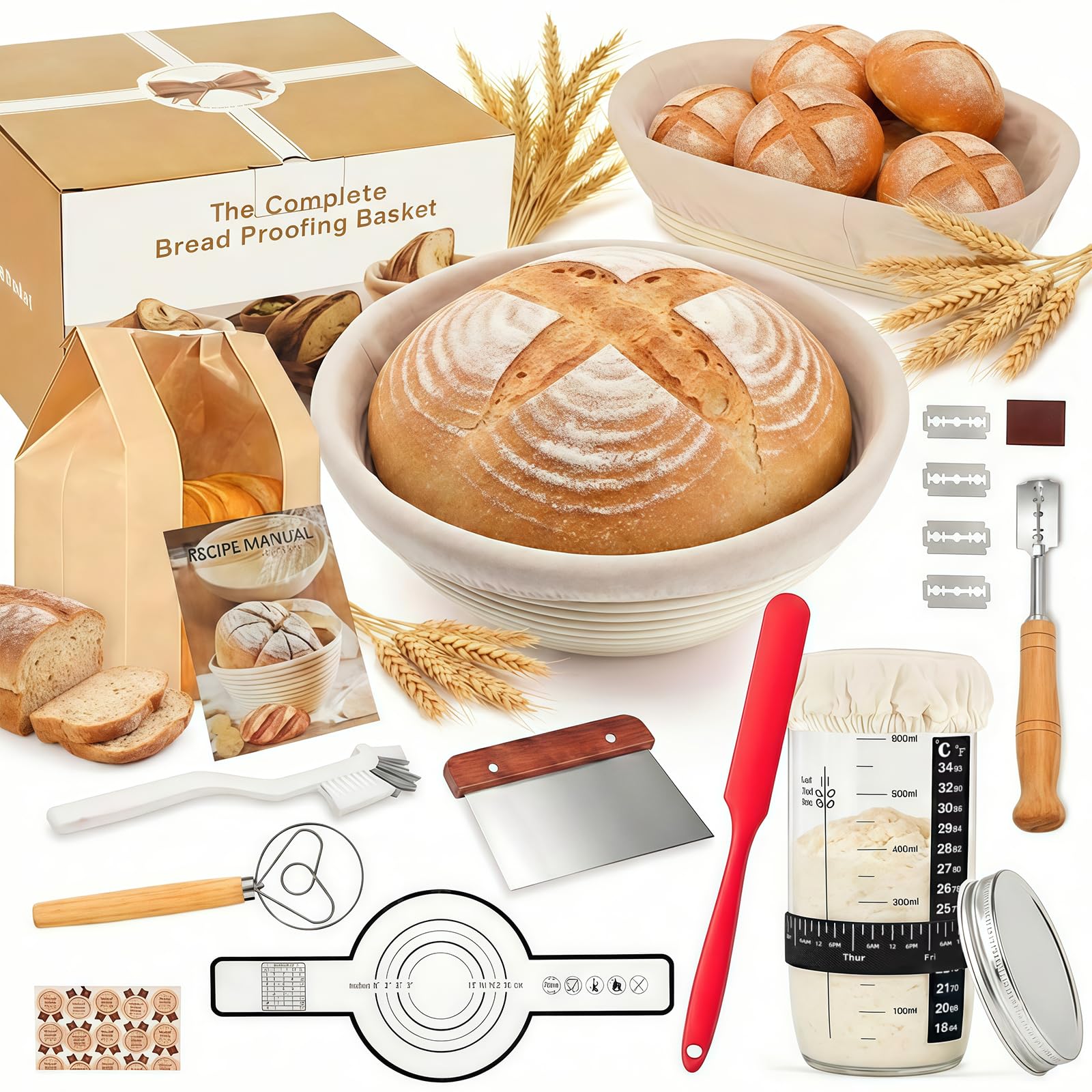 Gärkörbchen Für Sauerteig Starter Set, 23-teilig Gärkorb Brot Set, 25cm & 23cm Rattan Brotbackset, Brot Backen Zubehör Mit Sauerteig Starterglas, Geschenk für Anfänger und Erfahrener Bäcker