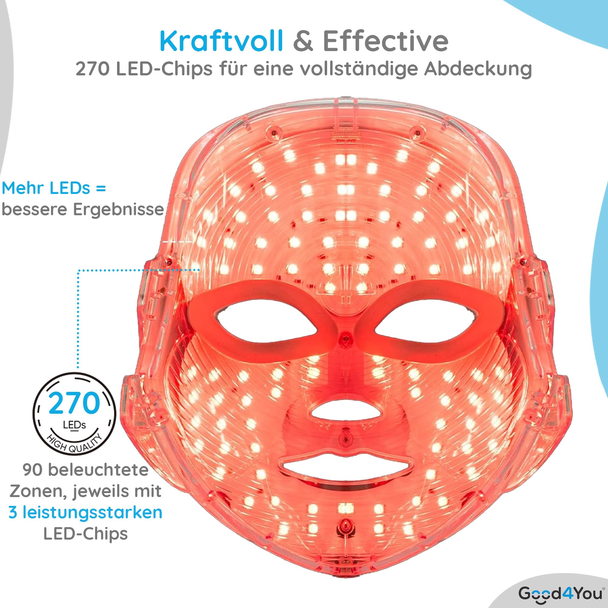 Good4You - LED-Gesichtsmaske - LED-Maske - LED-Maske Hautpflege - LED-Therapie - Gesichtsmaske - Akne-Behandlung - Infrarot-Therapie - Infrarotlampe - Lichttherapie- 7 Farben - Timer - Weiß