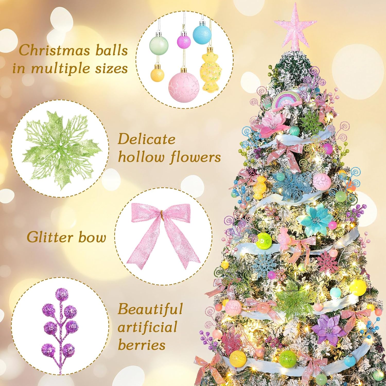 Syhood 94 Pcs Pastel Christmas Tree Ornaments Set Including Christmas Candy Ornaments Glitter Poinsettia Bows Glitter Berry Candy Curly Sticks Snowflakes Ribbon LED Lights for Xmas Holiday Decor