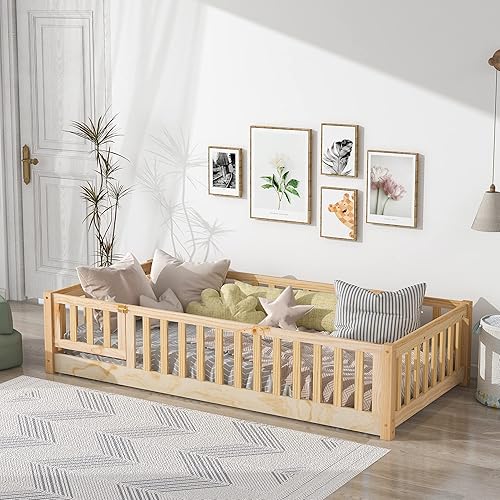 Miniatura 55 de Cama de plataforma de suelo de tamaño individual con valla, cama de madera para niños, cama de cerca para niños con puerta, no necesita somier