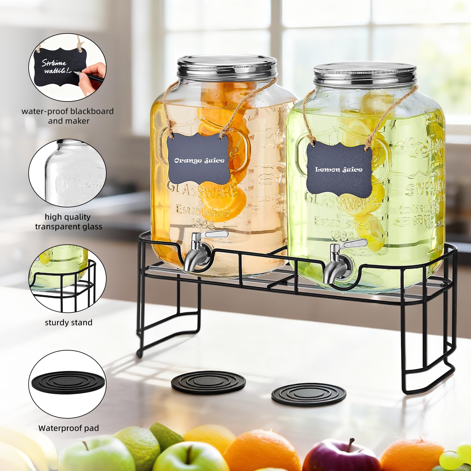 Lot de 2 distributeurs de boissons de 2 gallons pour fêtes, avec support, distributeur de carafe d'eau en verre