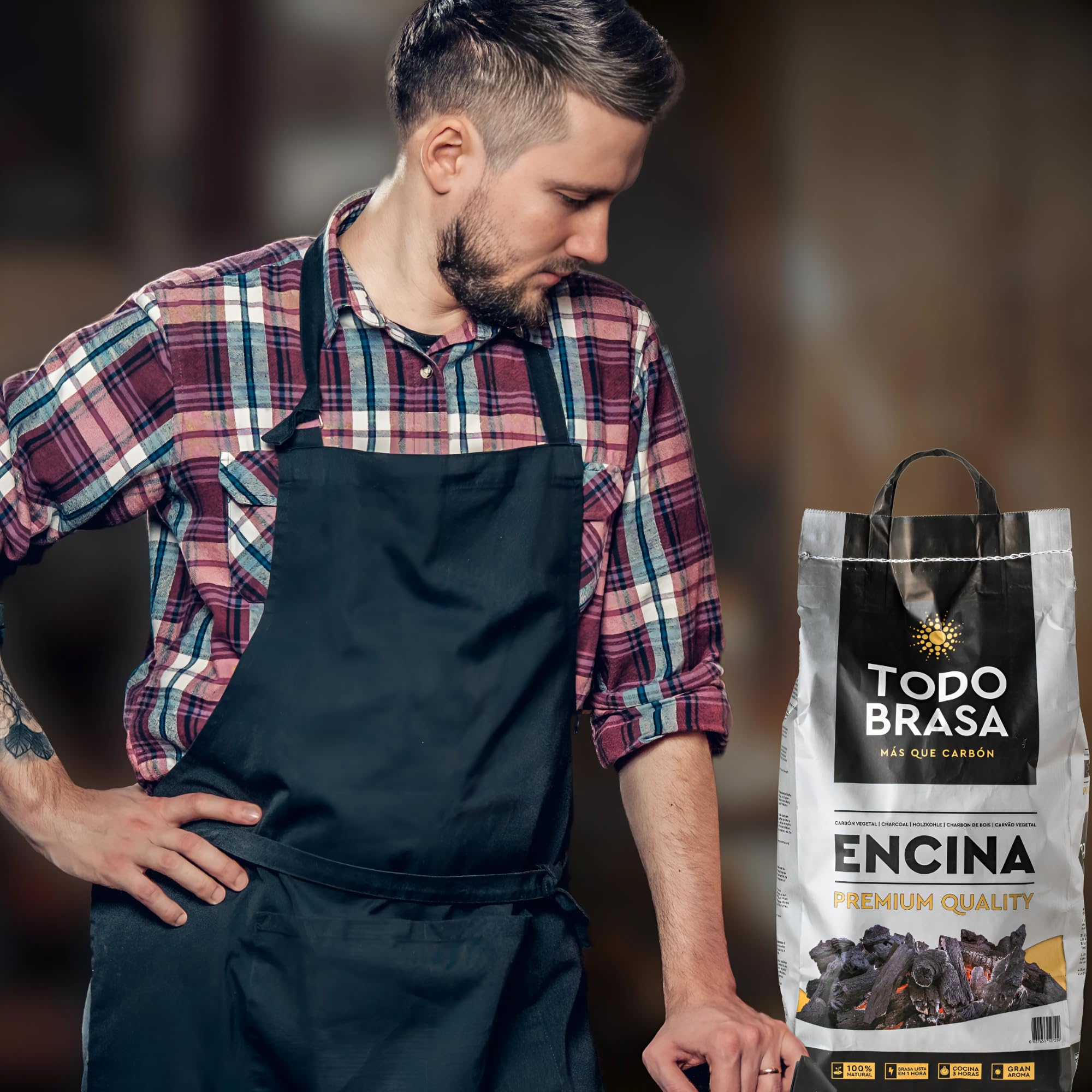 TODOBRASA Carbón Vegetal Barbacoa ENCINA Premium Ecológico · Saco 4 KG Doble Protección Caja Anti-Rotura · Carbón BBQ Calidad Profesional Nacional · Especial Parrilla Vasca & Horno Brasa Jospering