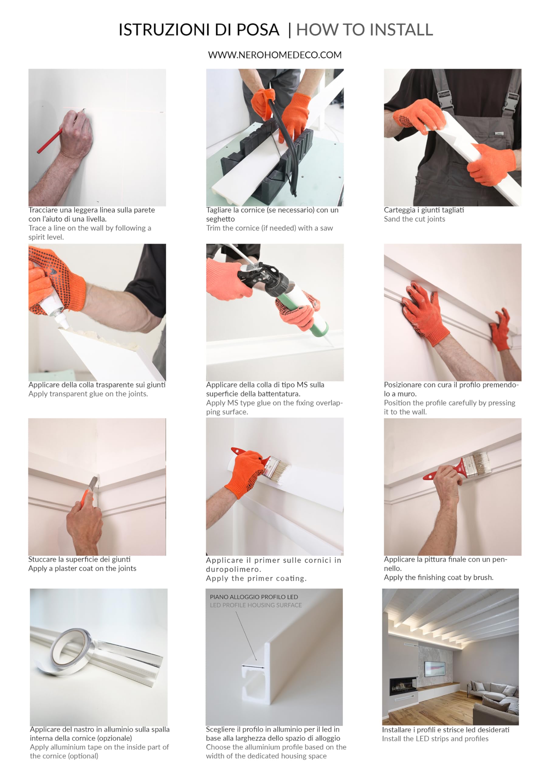 Cornici velette per led a soffitto e parete (10 metri lineari - KH902), per illuminazione indiretta con le strisce led | decorative, prefabbricate in duropolimero (10 metri)
