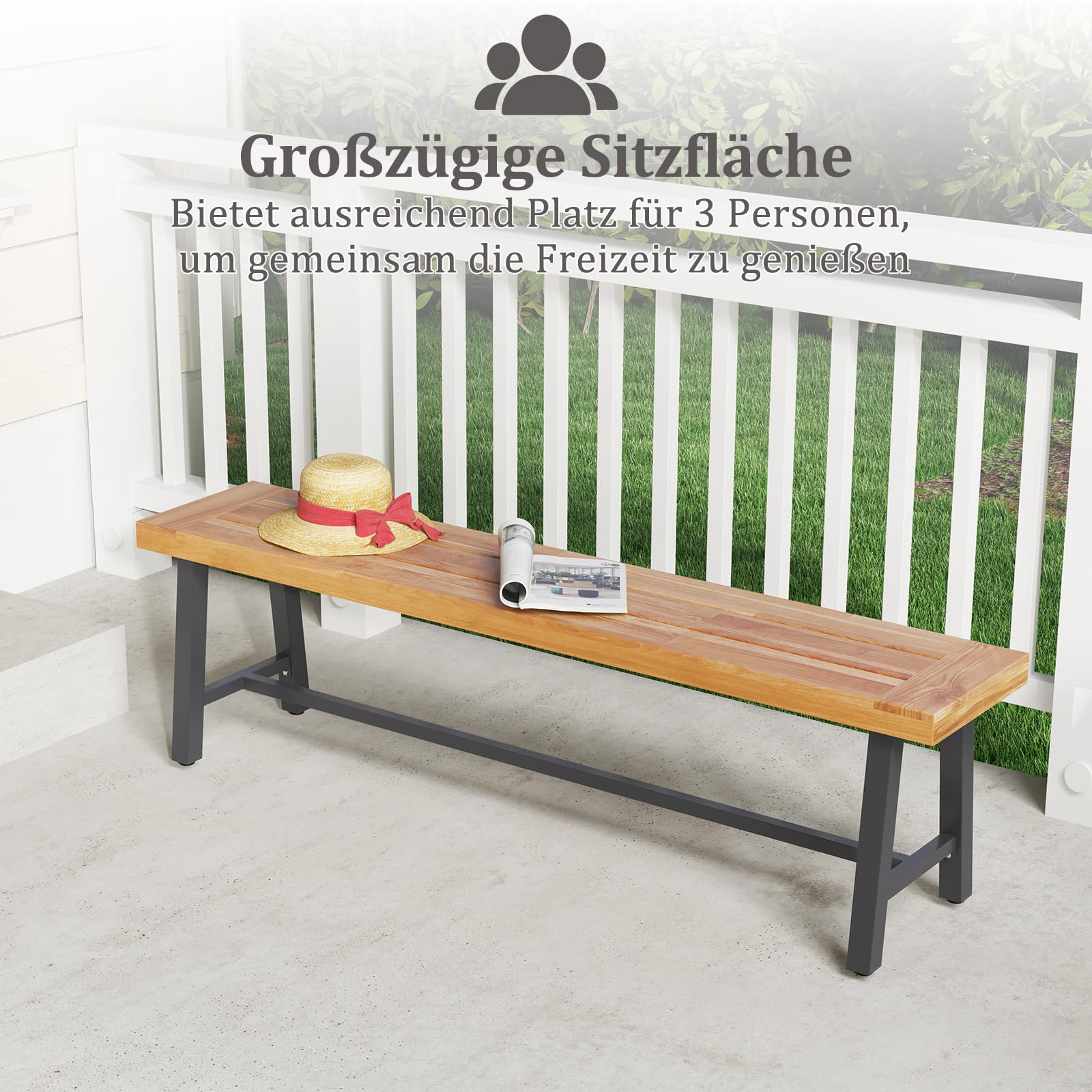 COSTWAY Tuinbank, weerbestendig, 3-zitsbank zonder rugleuning, parkbank van acaciahout en metaal, terrasbank tot 360 kg belastbaar, balkonbank voor tuin, balkon, terras, 160 x 32 x 45 cm