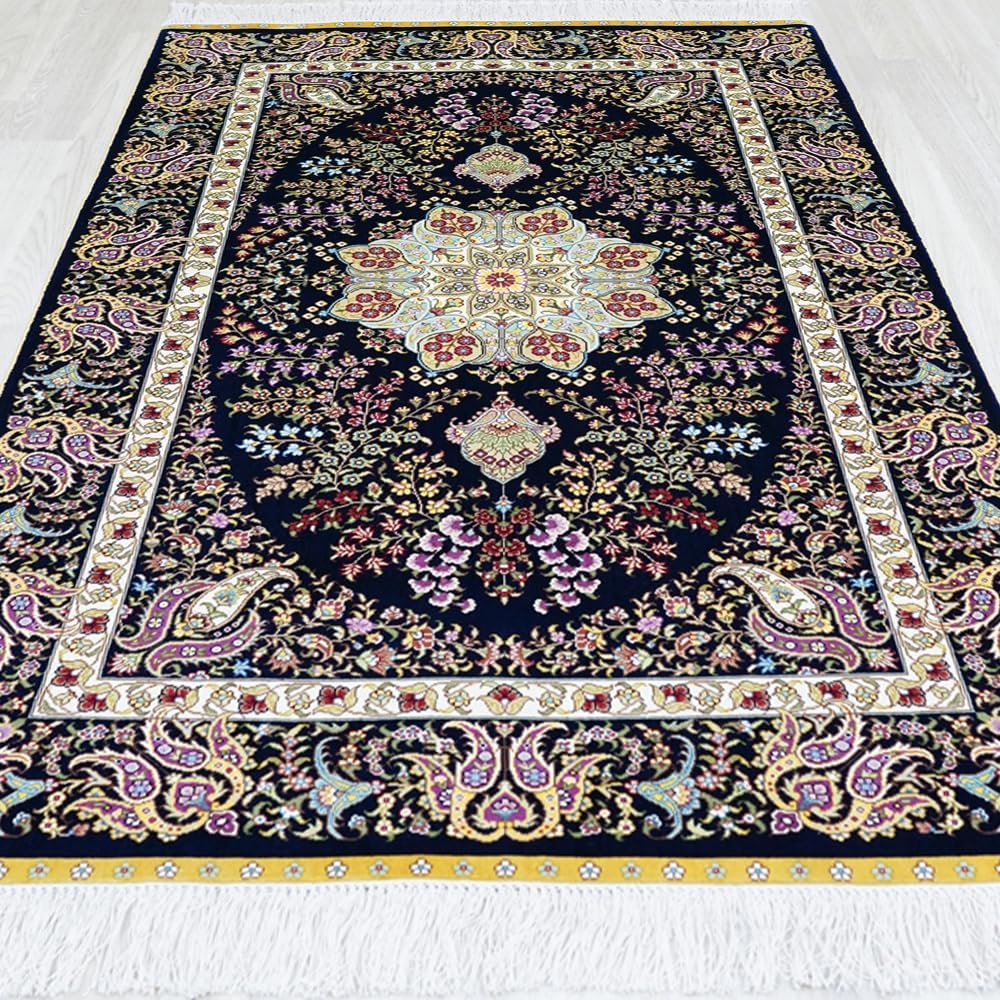 3x5 Blue Handmade Vintage Medallion Rose Silk Rug