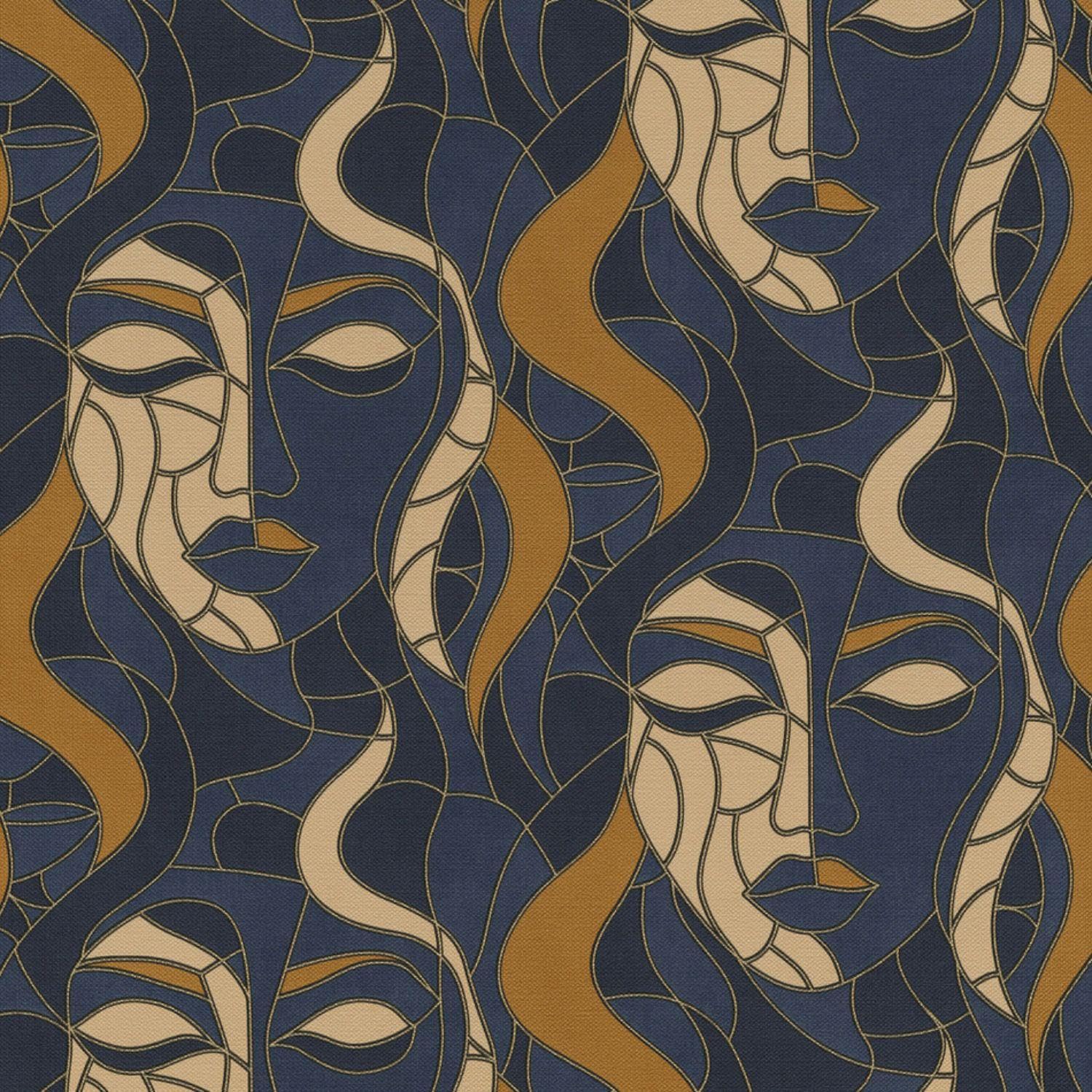Yöl Blue/Beige Navy Mosaic Faces Wallpaper - Modern Contemporary Abstract - Ochre Feature Wall Paste The Wall