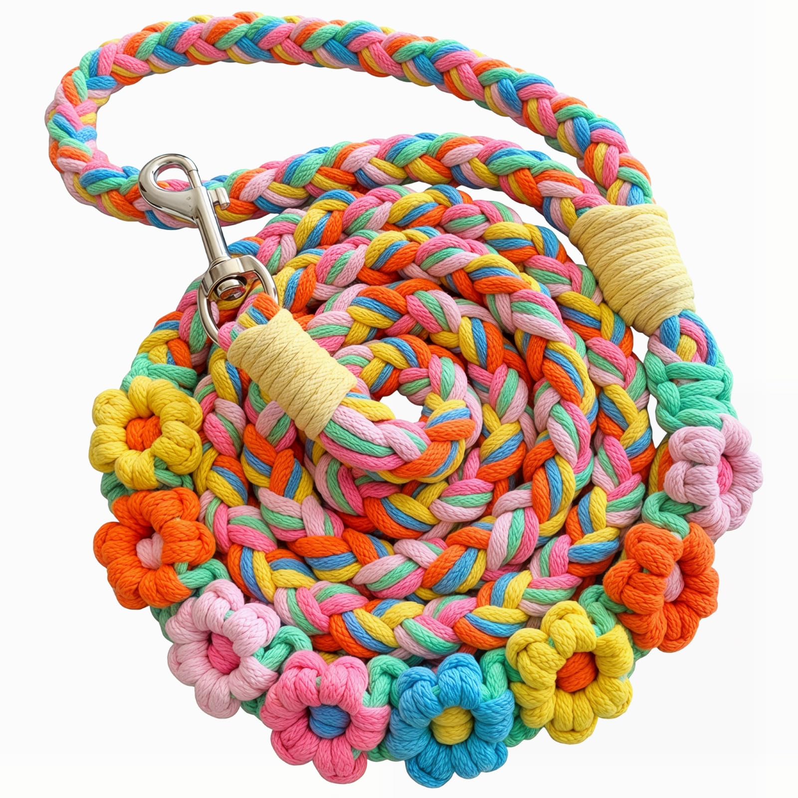 Hand Woven Cotton Dog Lead, Soft Braided Rope Leash with Floral Design, for Small & Medium Dogs, Ideal for Walks, Training & Photo Shoots (Pink, yellow, blue, 150cm)