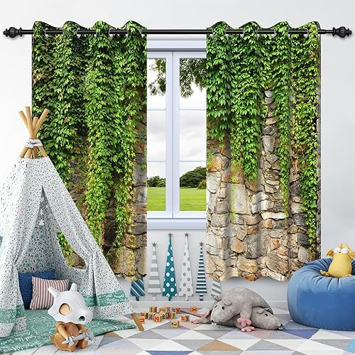 Miniatura 5 de Cortinas de hojas verdes de hiedra, cortinas de ventana de hiedra unidas a la pared de piedra, cortinas opacas de paisaje natural, cortinas con