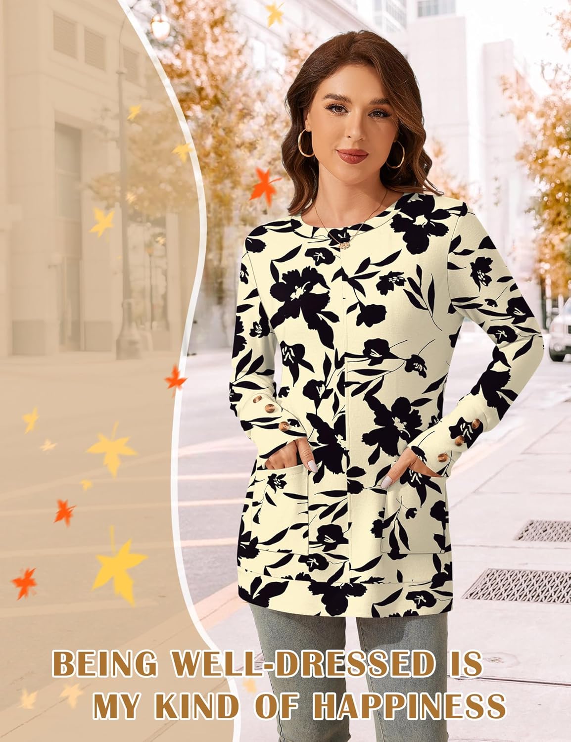 LOMON Long Sleeve Womens Tunic Tops to Wear with Leggings Loose Fit Crew Neck T Shirts with Pockets - Image 3