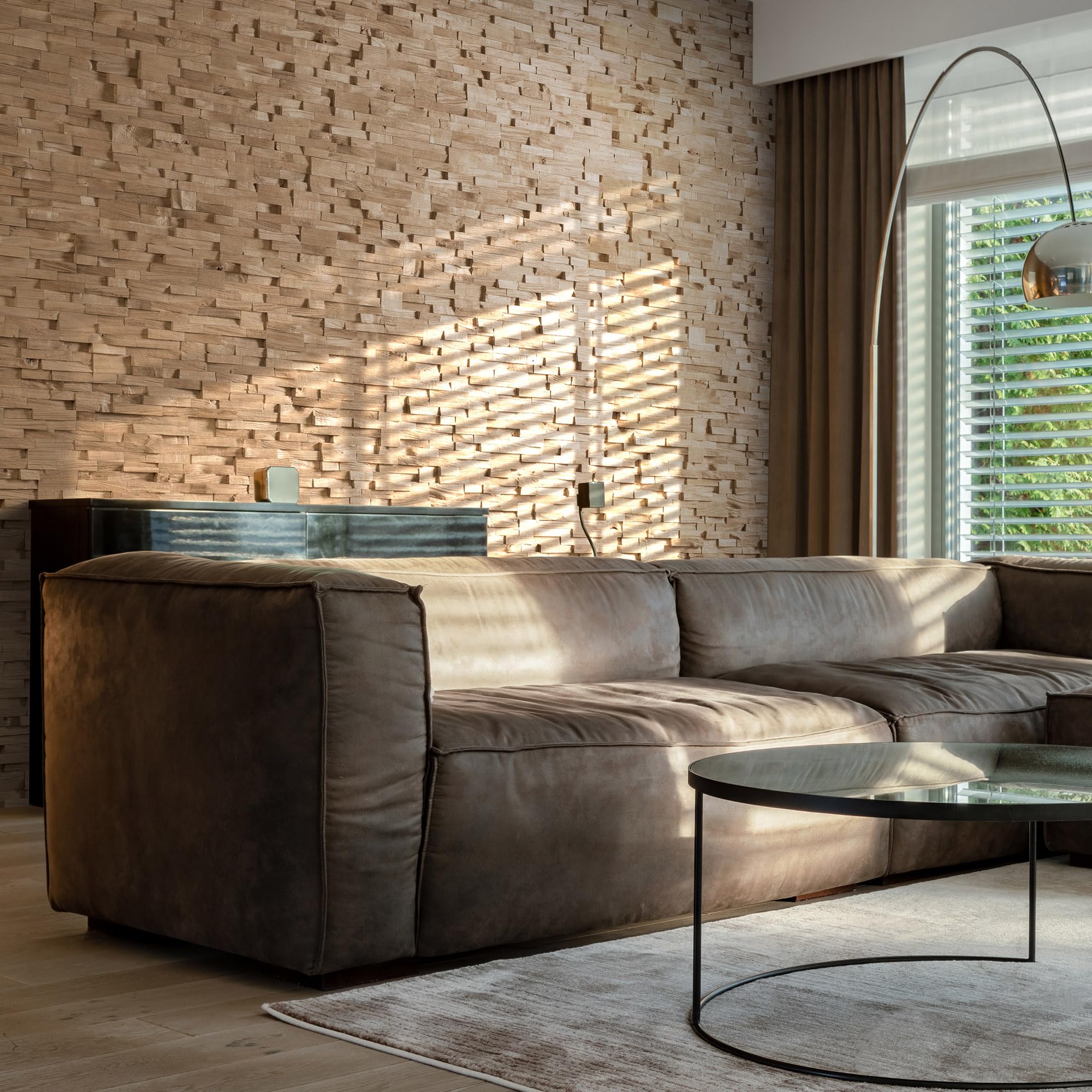 Drewniana okładzina ścienna o wyglądzie 3D, naturalne panele ścienne z drewna dębowego, dekoracja ścienna, drewniana okładzina, projekt ściany drewnianej według modelu Wooden Wall Design Deja vu (1 m²)