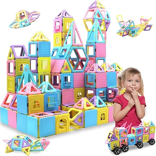 124PCS Magnetic Tiles Toys for 3 4 5 6 7 8+ Year Old Boys Girls Upgrade Macaron Castle Blocks Building Set for Toddlers STEM Creativity/Educational Toys for Kids Age 3-6 Christmas Birthday Gifts