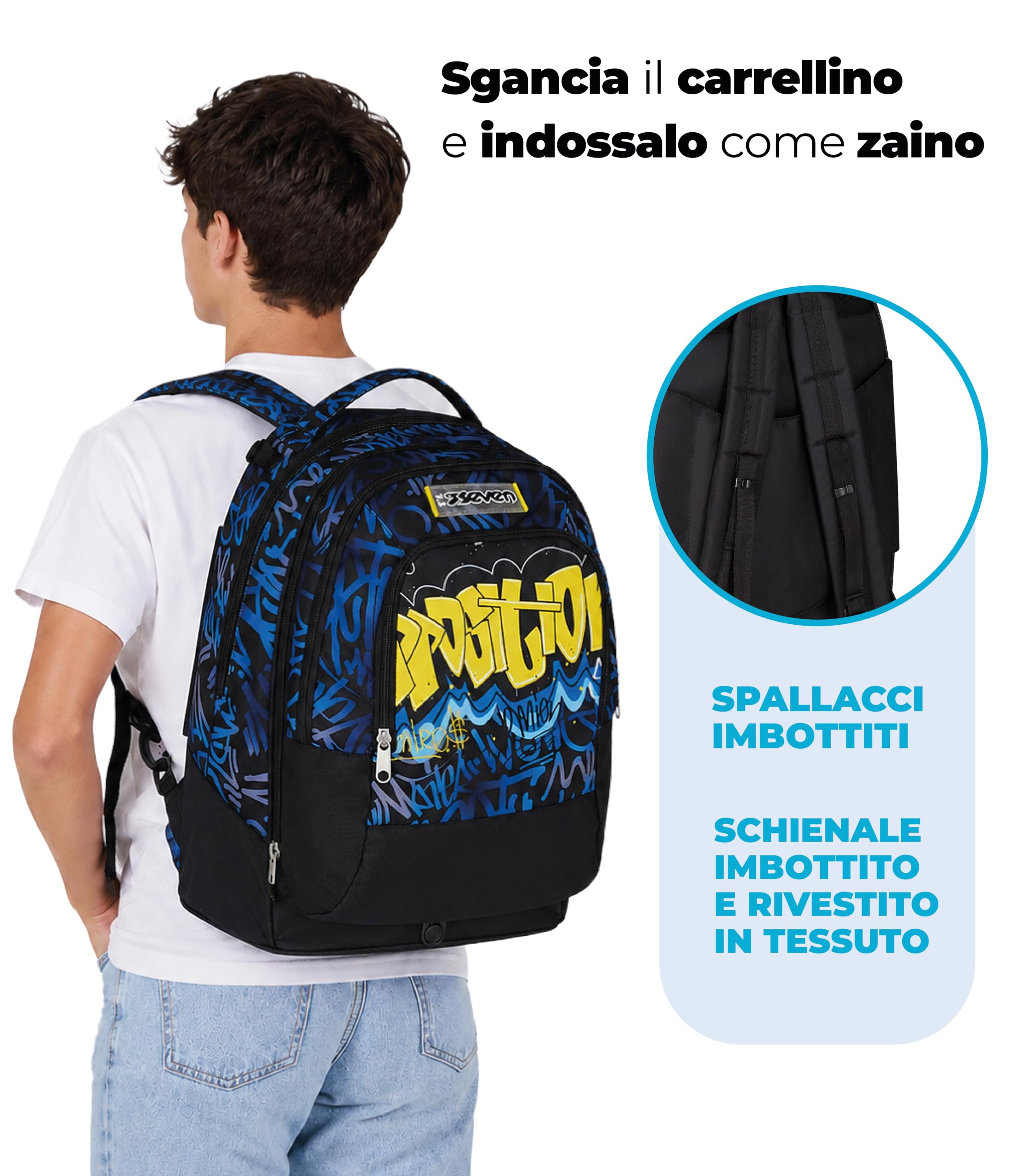 Seven Trolley Scuola Jack 3 Ruote Detach, Blu Giallo, Zaino Con Carrello Sganciabile Da 37 L, Tasca Borraccia, Zainetto Staccabile, Zaino scuola Elementare e Media, Zaino Bambino
