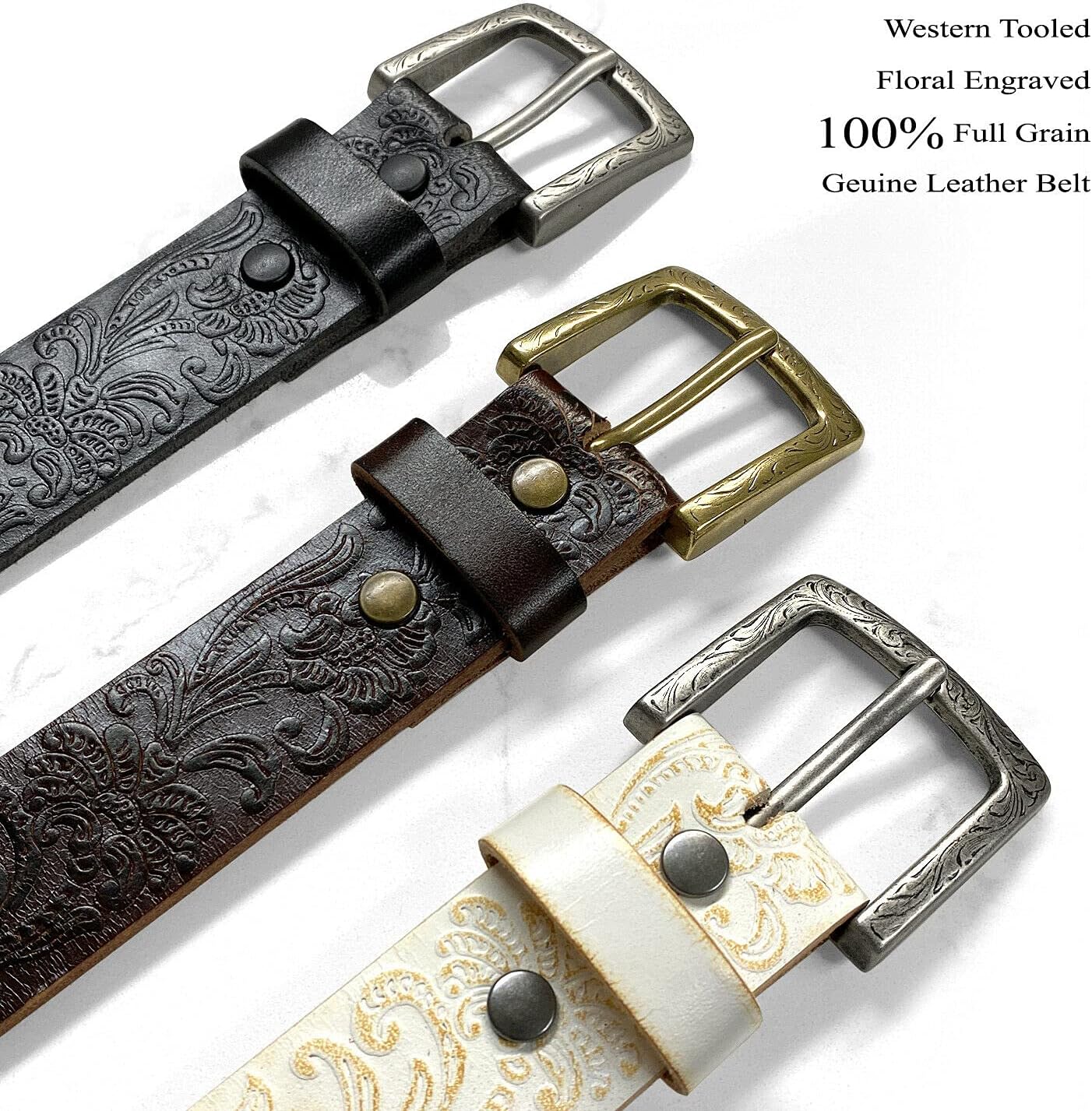 Cowboy Cowgirl Western Tooled Floral Embossed Full Grain Genuine Leather Belt Strap 1-1/2"(38mm) Wide