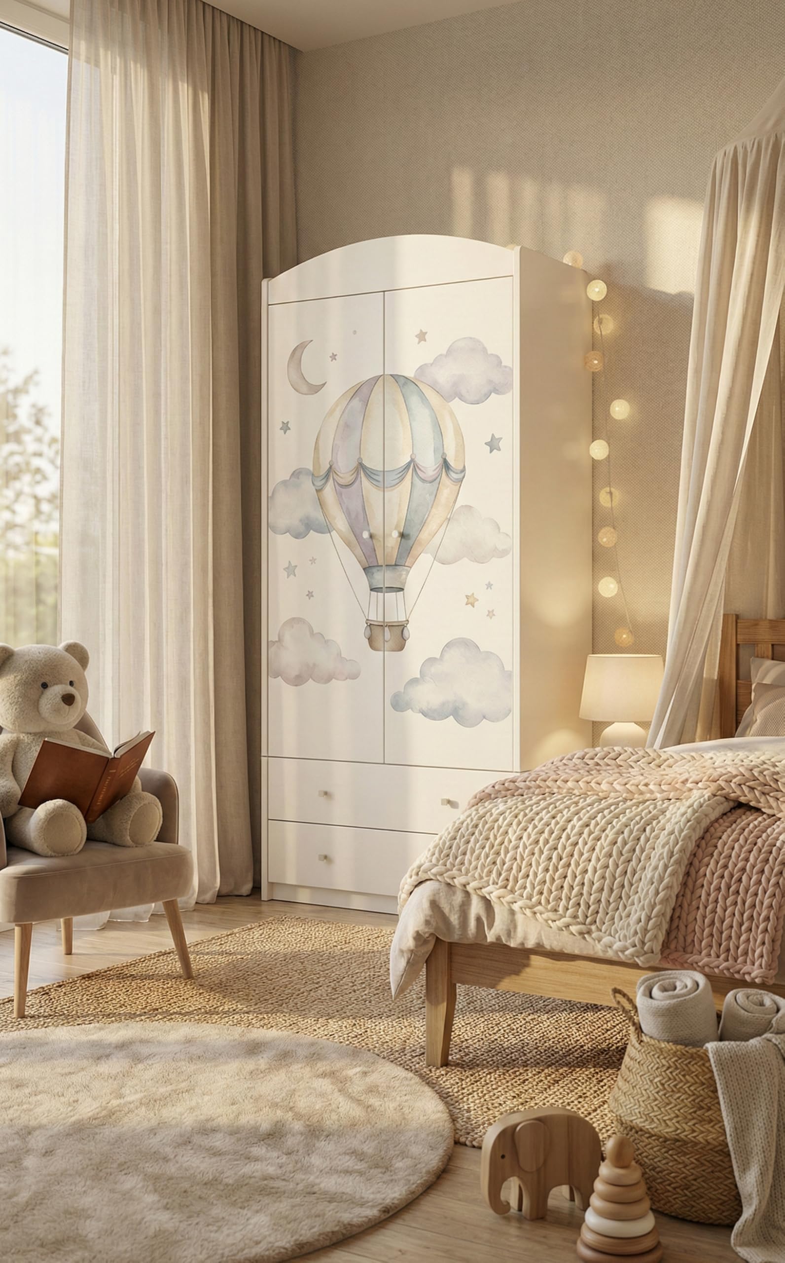 Happy Babies Kinderkleiderschrank mit bezauberndem Motiv – 2-türiger Schrank für Kinderzimmer inkl. 2 Schubladen, Kleiderstange & Einlegeböden, Weiß (88x187x54 cm) (nr 379)
