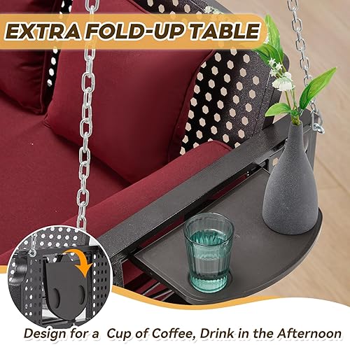 Miniatura 6 de Columpio de porche de 3 asientos, banco de columpio para patio con portavasos y 3 cojines de respaldo, silla columpio con cadenas para terraza,