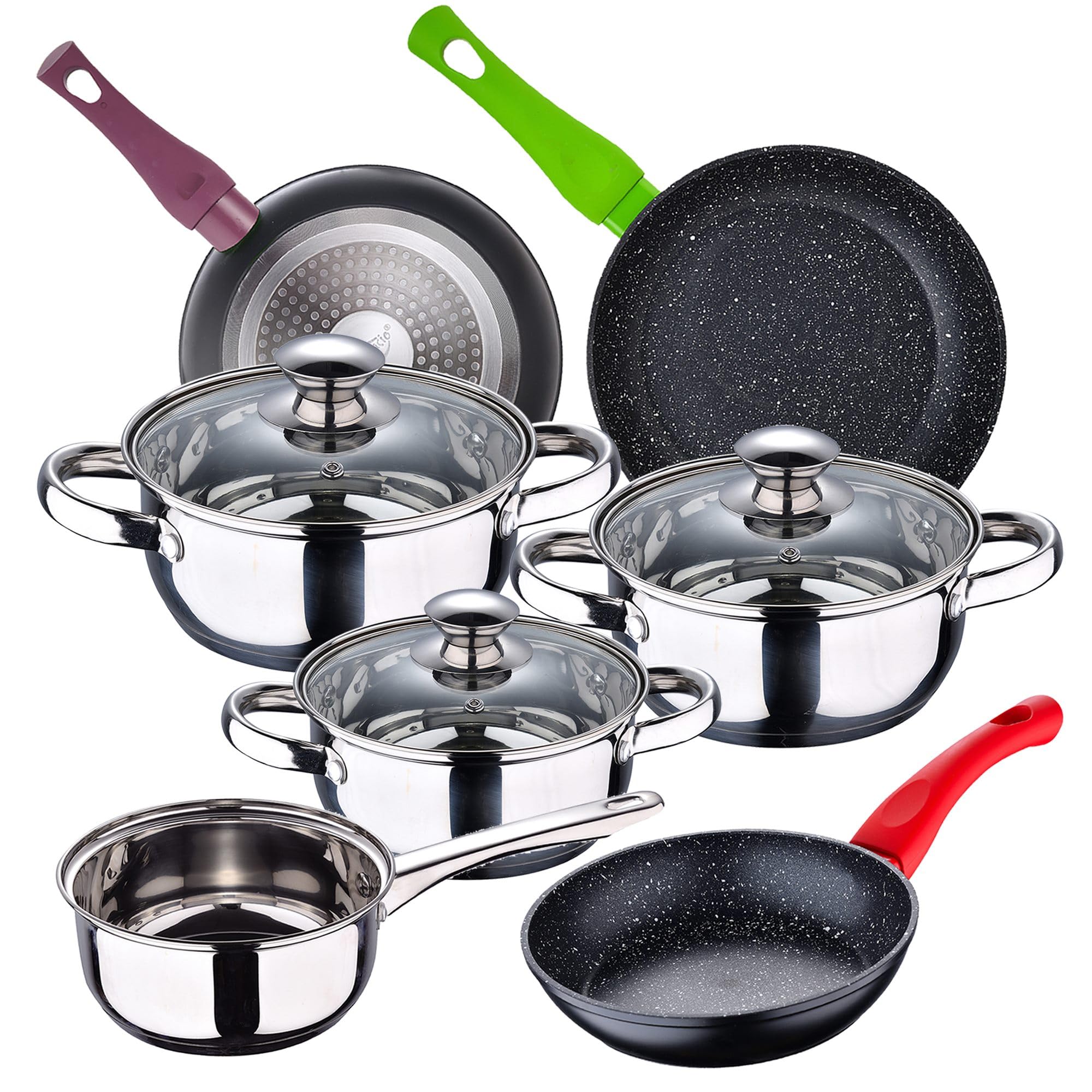 San Ignacio Bateria de cocina 7 piezas Faro, acero inoxidable, con juego sartenes (18/22/26 cm) Jolie en aluminio forjado