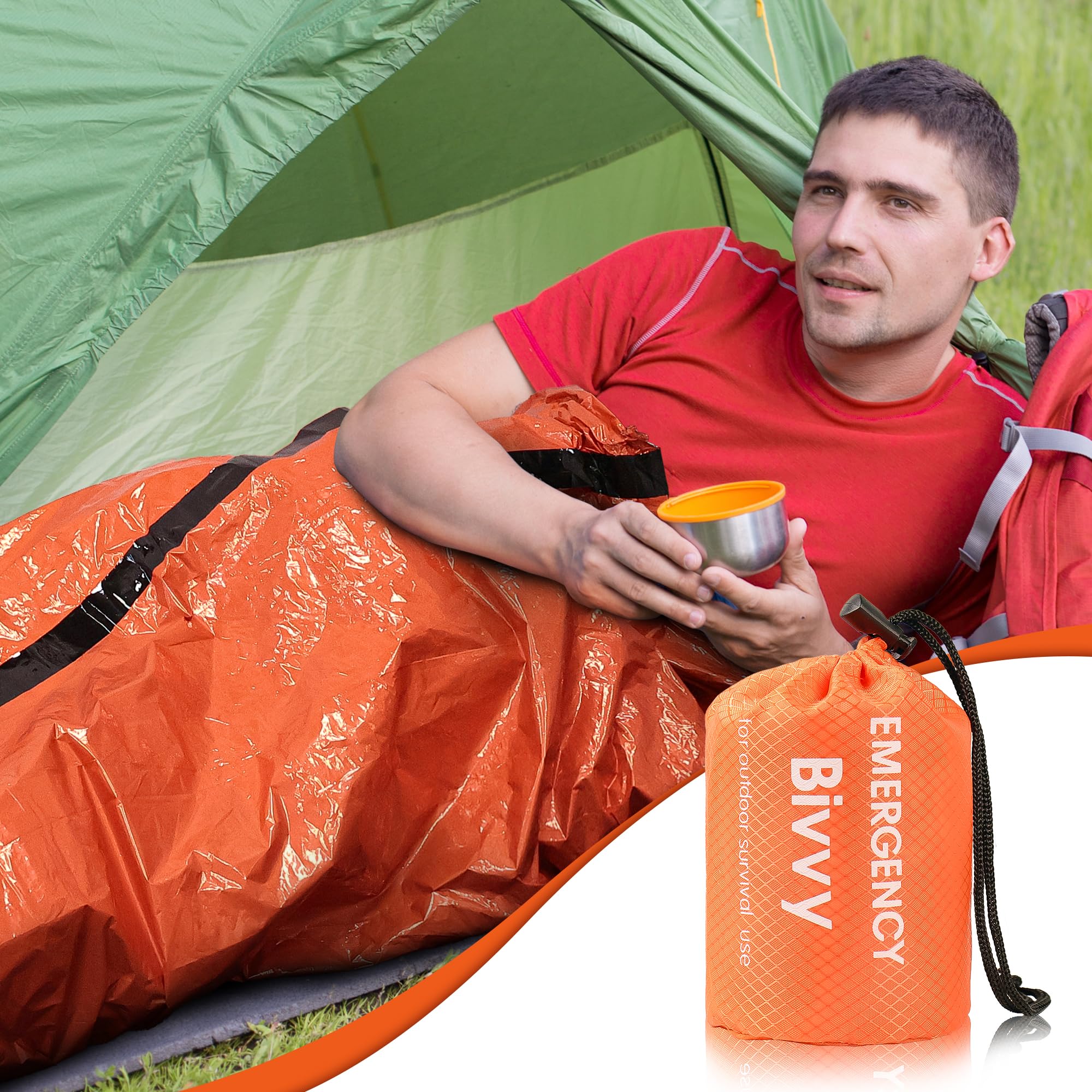 Emergency Sleeping Bag, 6 Pack Survival Bivy Sack Mylar Thermal Emergency Blanket Waterproof Lightweight Portable Shelter for Camping Gear Hiking Travel Outdoor Activities Backpacking