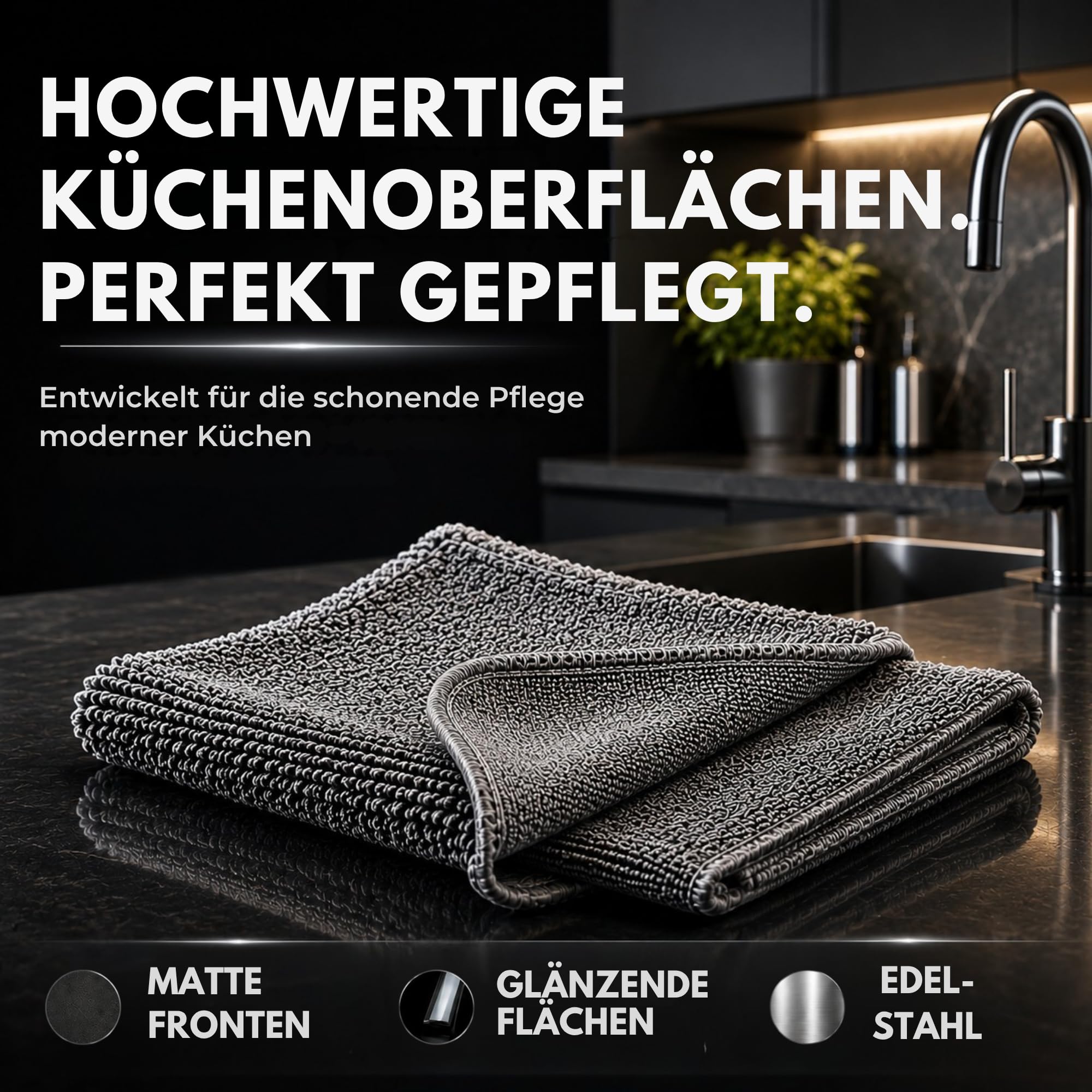 2er Set Premium-Mikrofasertücher Graphitgrau, Flip & Shine | 2 Profi-Tücher 30x30 cm mit Hochflor- & Polierseite | Ideal für Matte & hochglänzende Küchenoberflächen