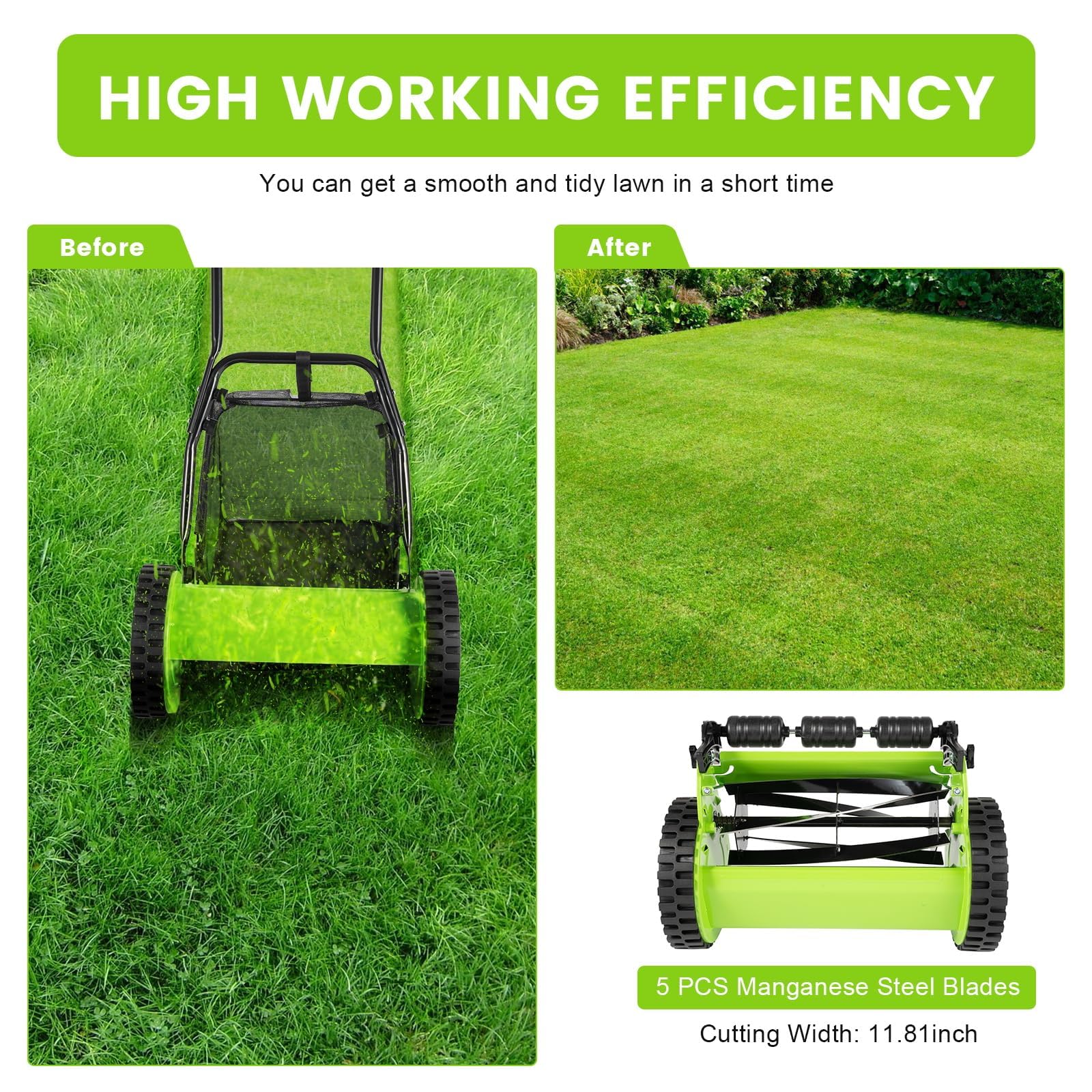 Cortacésped Manual con Carrete de Empuje, cortacésped de Carrete de 5 Cuchillas de 12 Pulgadas con recogedor de césped, Altura Ajustable, cortacésped Compacto para Espacios pequeños, jardín y 14inch