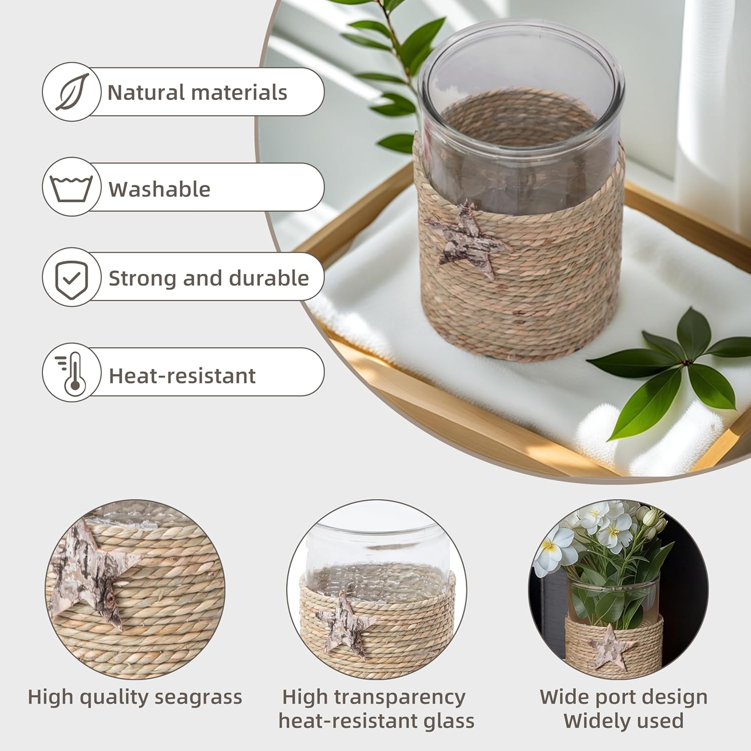 Rustic Seagrass Glass Vase, Rattan Flower Vase, Boho Vases for Decor, Wicker Dining Table Vases, Rattan Woven Tea Light Candle Holder Decor, Decorations for Farmhouse/Living Room/Bedroom (Seagrass) - Image 2