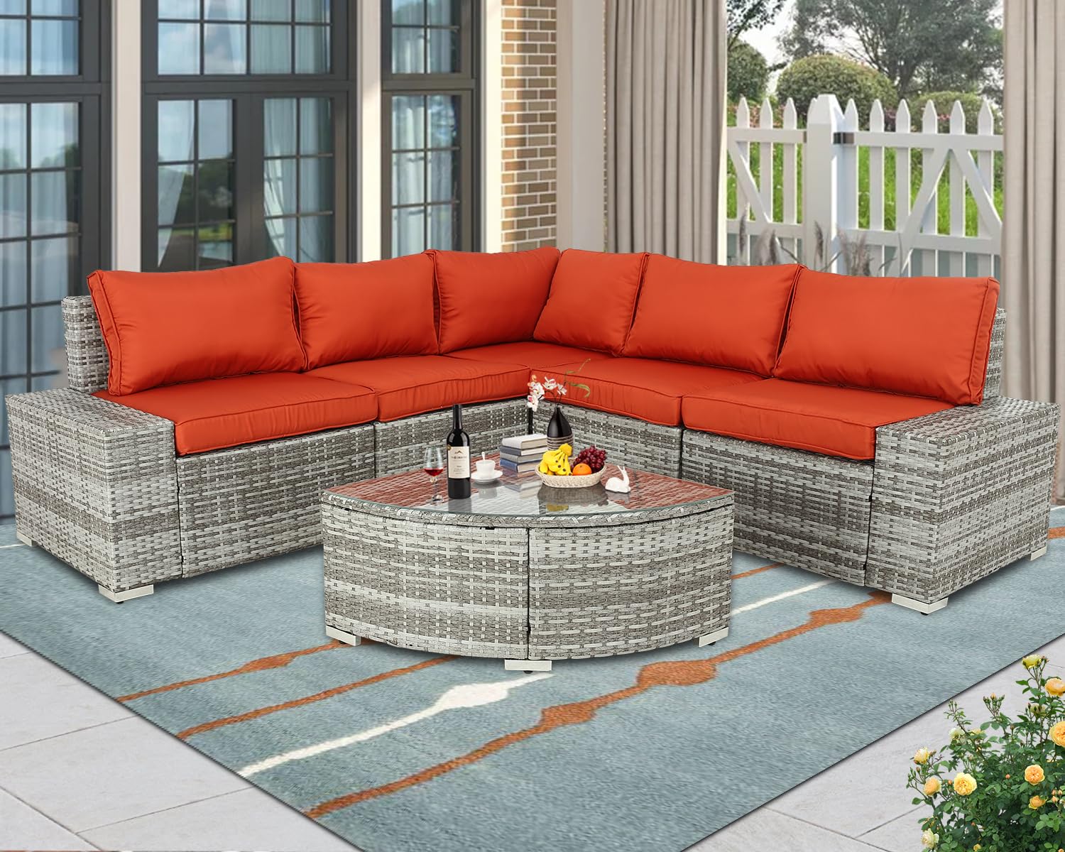 Do4U Outdoor Patio Furniture 6-Piece Outdoor Sectional Sofa Set PE Wicker Outdoor Furniture Outdoor Conversation Set with Cushions and Seat Clips for Lawn, Garden, Backyard(Grey-Red)